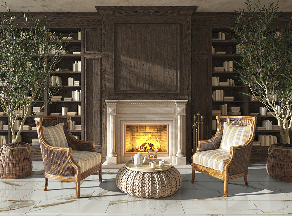 Porcelain tile flooring in the living room shows off polished vs matte porcelain tile for an exquisite gathering environment.