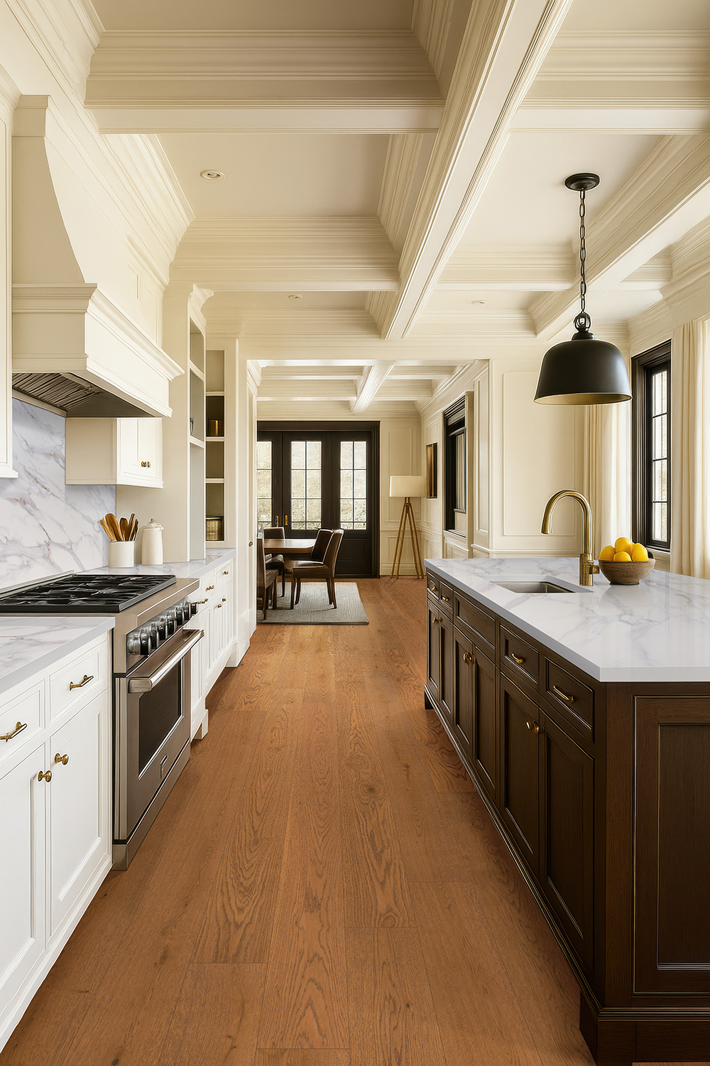 Marble-look quartz countertops in a traditional kitchen, demonstrating timeless quartz countertop color trends for elegant spaces.