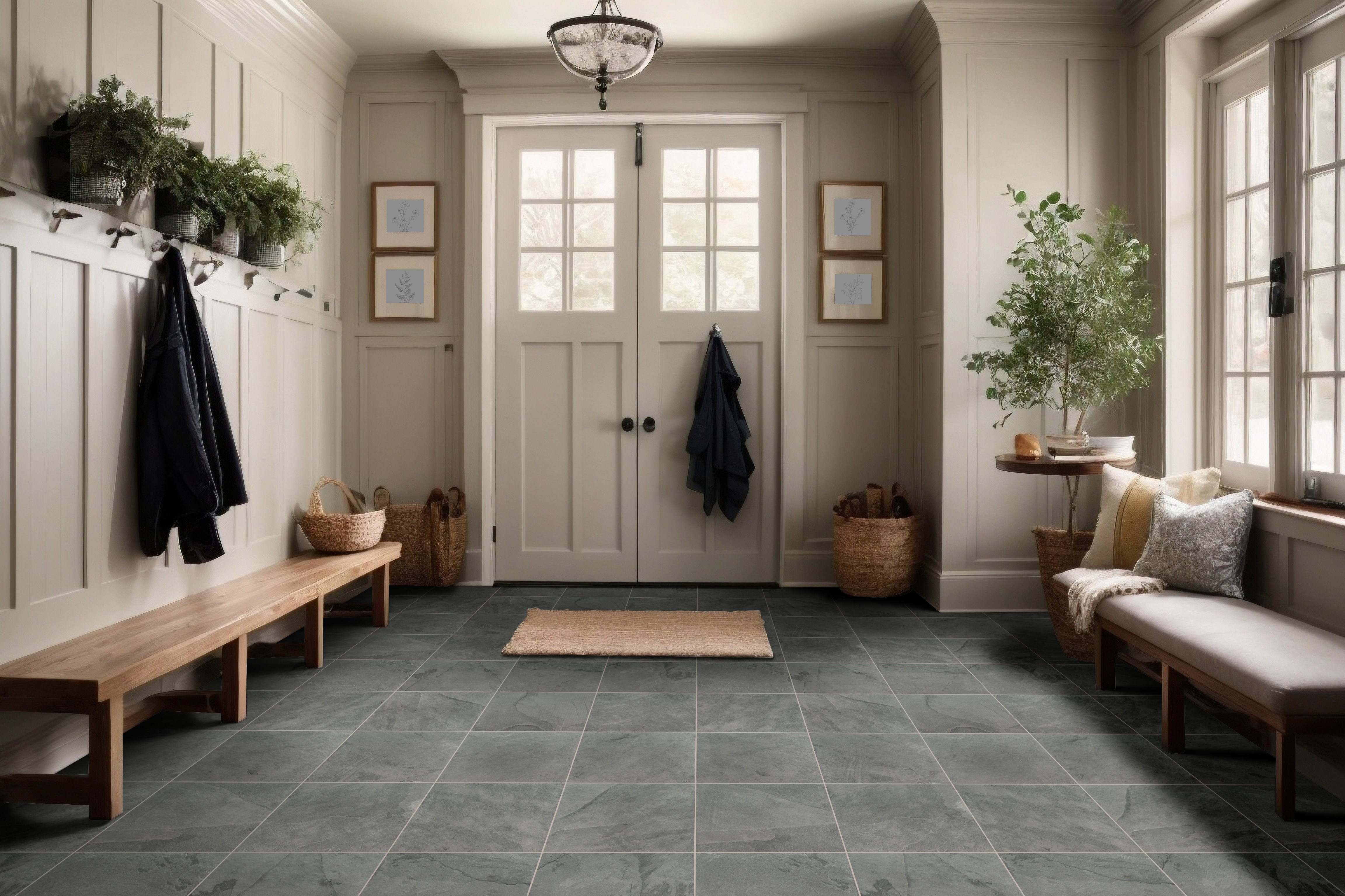 Well-maintained slate tile floor in a residential mudroom after cleaning, showing the natural beauty of properly sealed slate tiles