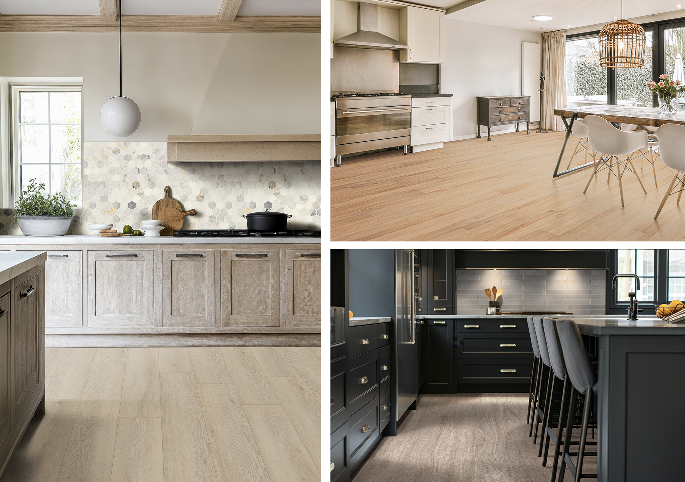 Glue down vs floating vinyl plank flooring shown in modern kitchens and living spaces with a variety of wood-look finishes.