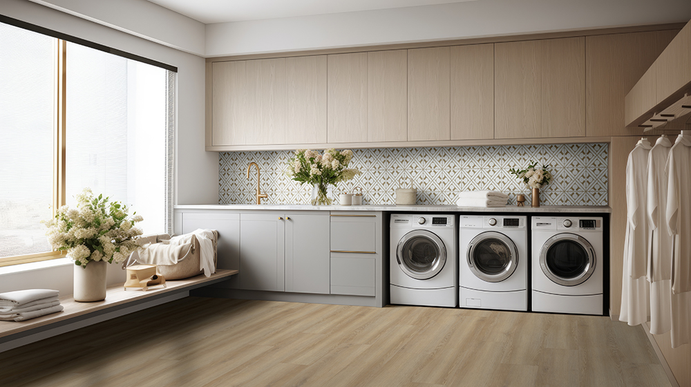 Light wood-look luxury vinyl tile flooring installed in a modern laundry room with white cabinetry