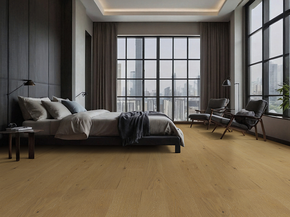 Modern bedroom with wide plank engineered hardwood flooring engineered vs solid hardwood for modern decor.