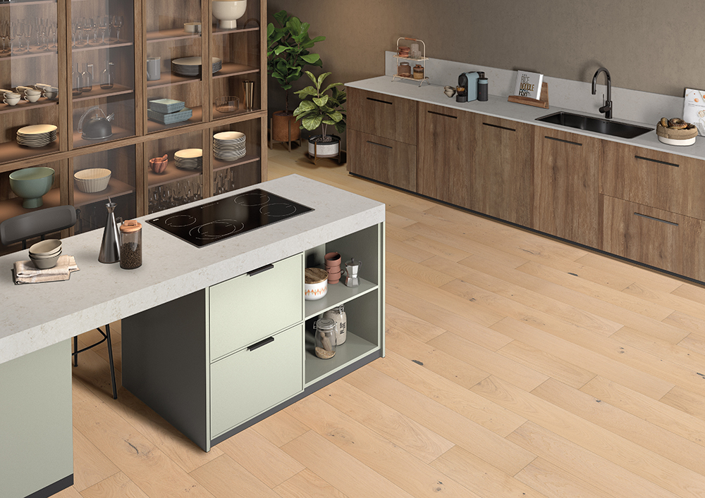 Kitchen with light engineered hardwood floors &ndash; Difference between engineered vs solid hardwood in a typical home.