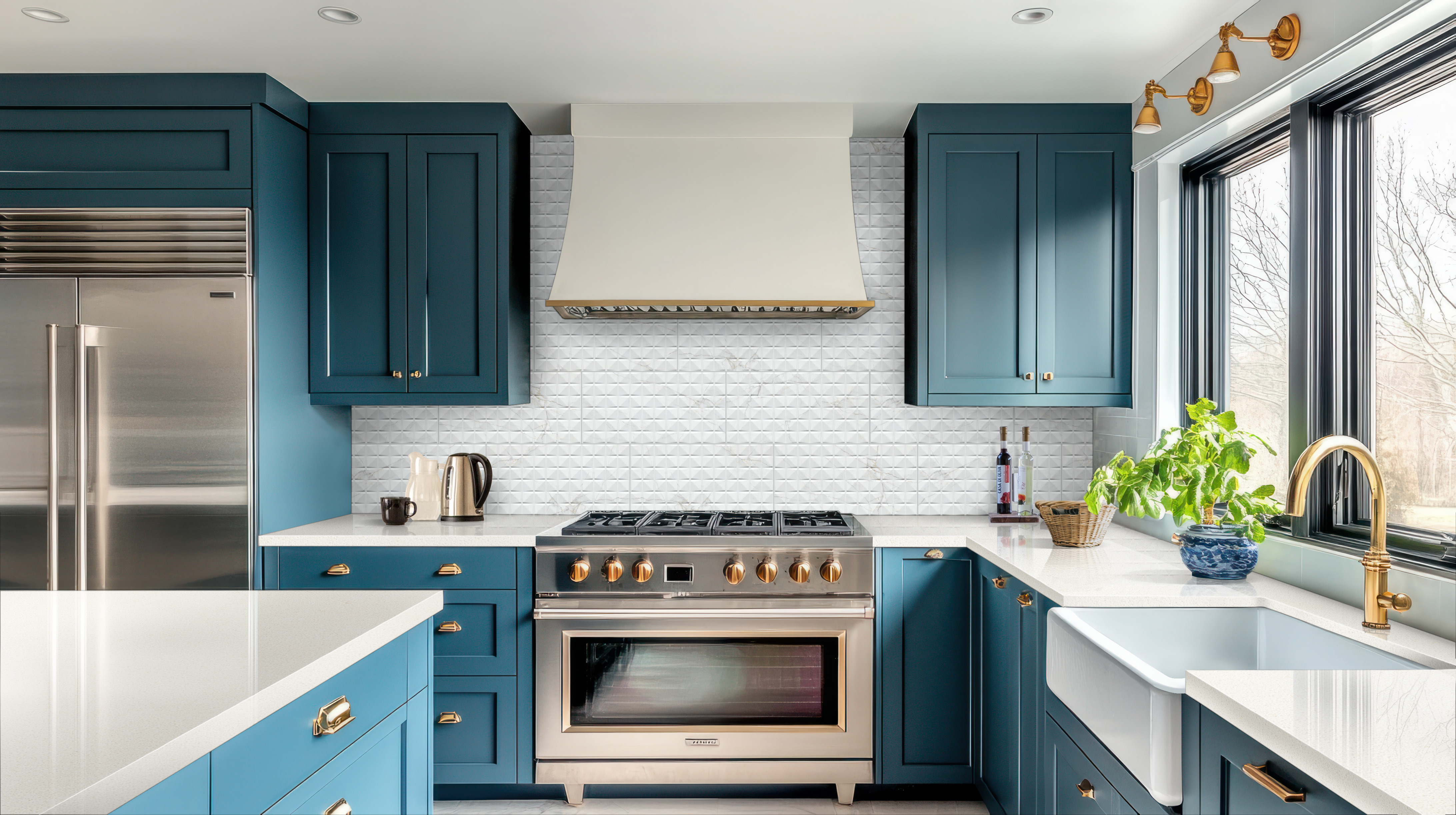 Contemporary blue kitchen with shiny white quartz countertops, demonstrating the pros and cons of quartz countertops and their visual advantages.