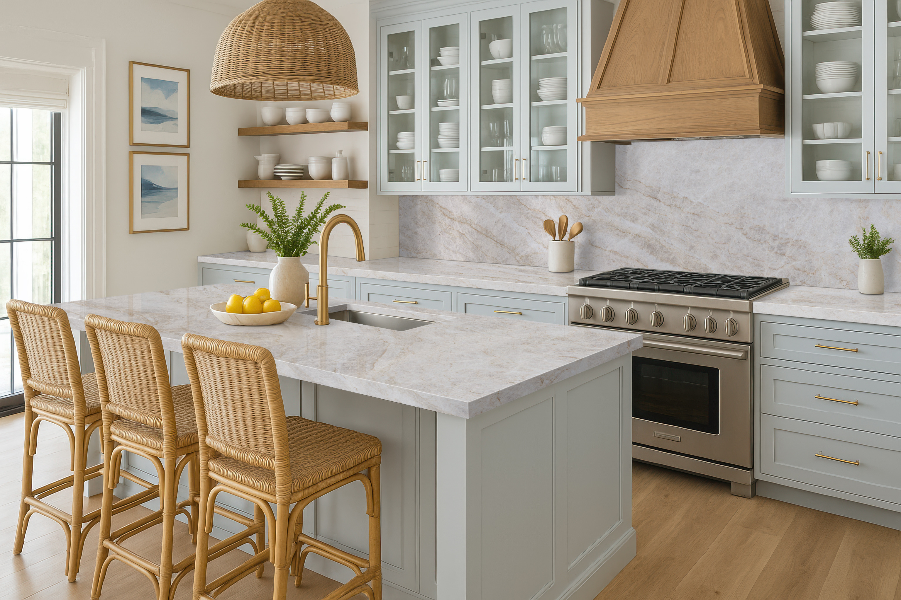 Bright kitchen with white quartzite countertops, highlighting how to seal quartzite countertops to help maintain their appearance over time.