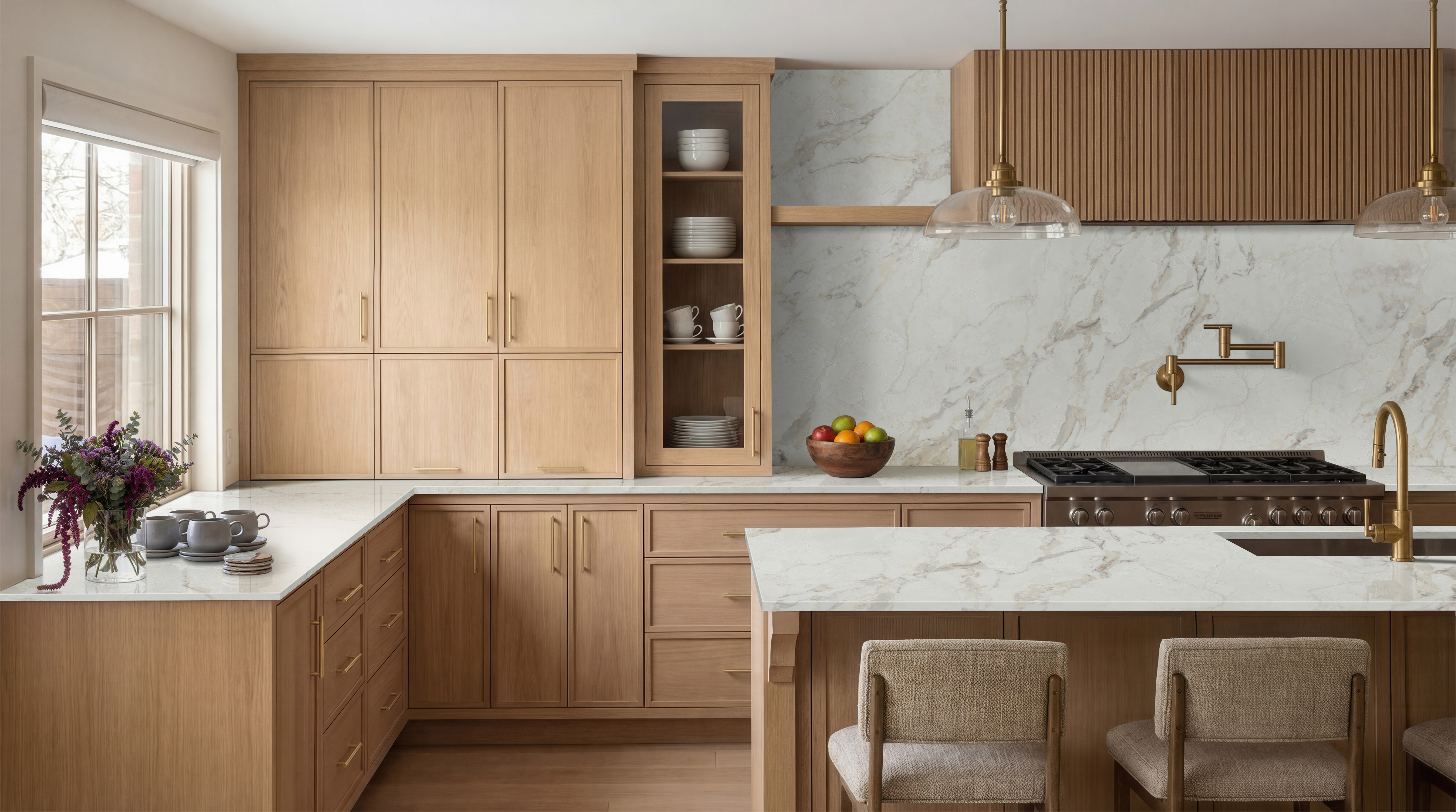 Kitchen with natural wood cabinetry and quartz countertops, demonstrating a design that affects quartz countertops cost.