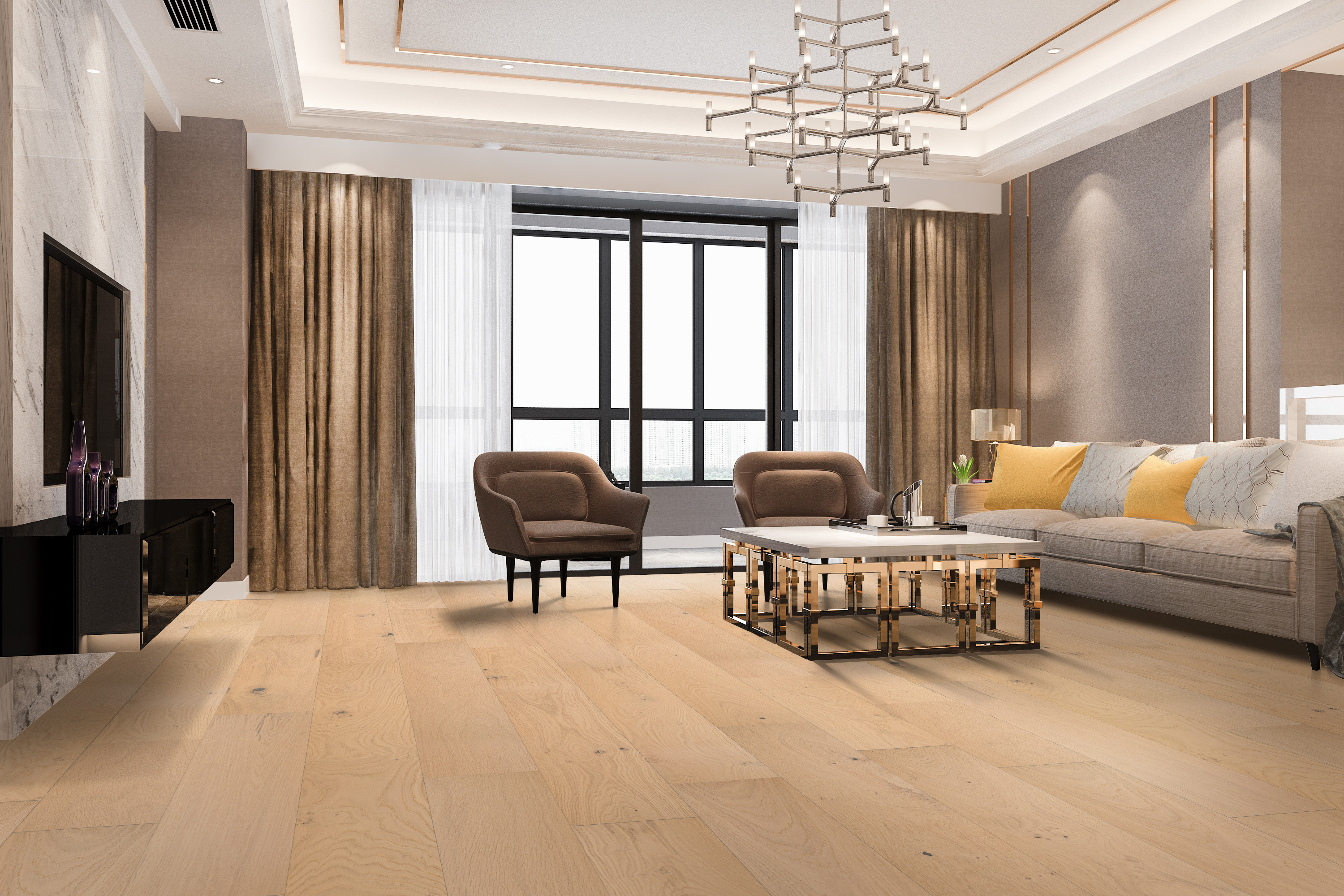 Modern living room with light engineered hardwood flooring with the beauty of engineered vs solid hardwood.