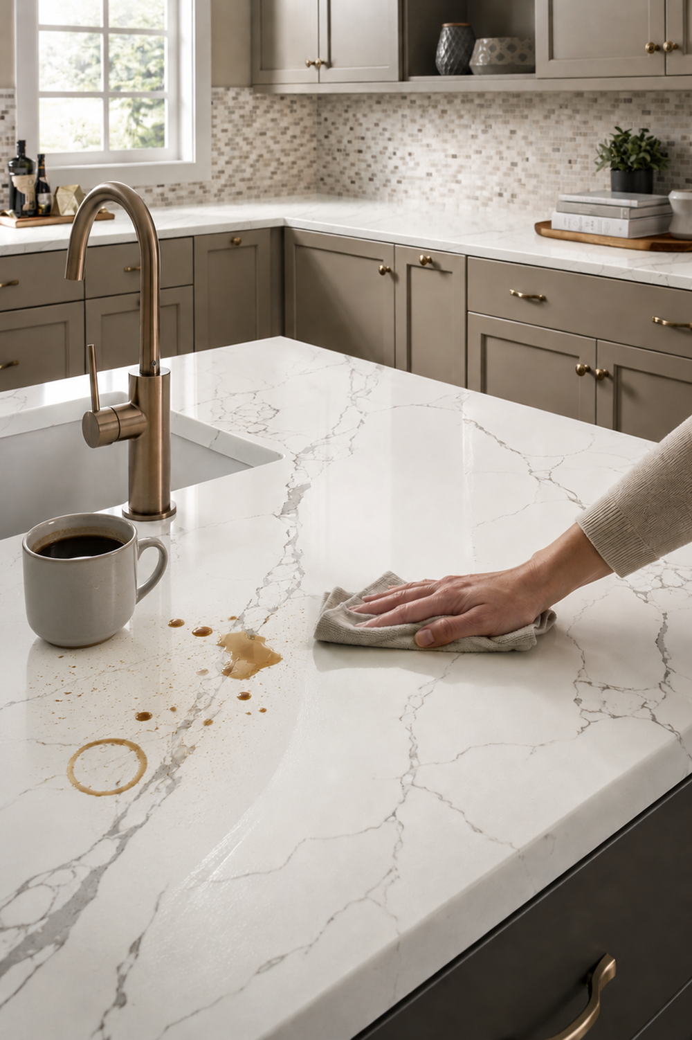 Coffee spill being cleaned from a white quartz countertop, illustrating how to remove stains from quartz countertops before discoloration can occur.