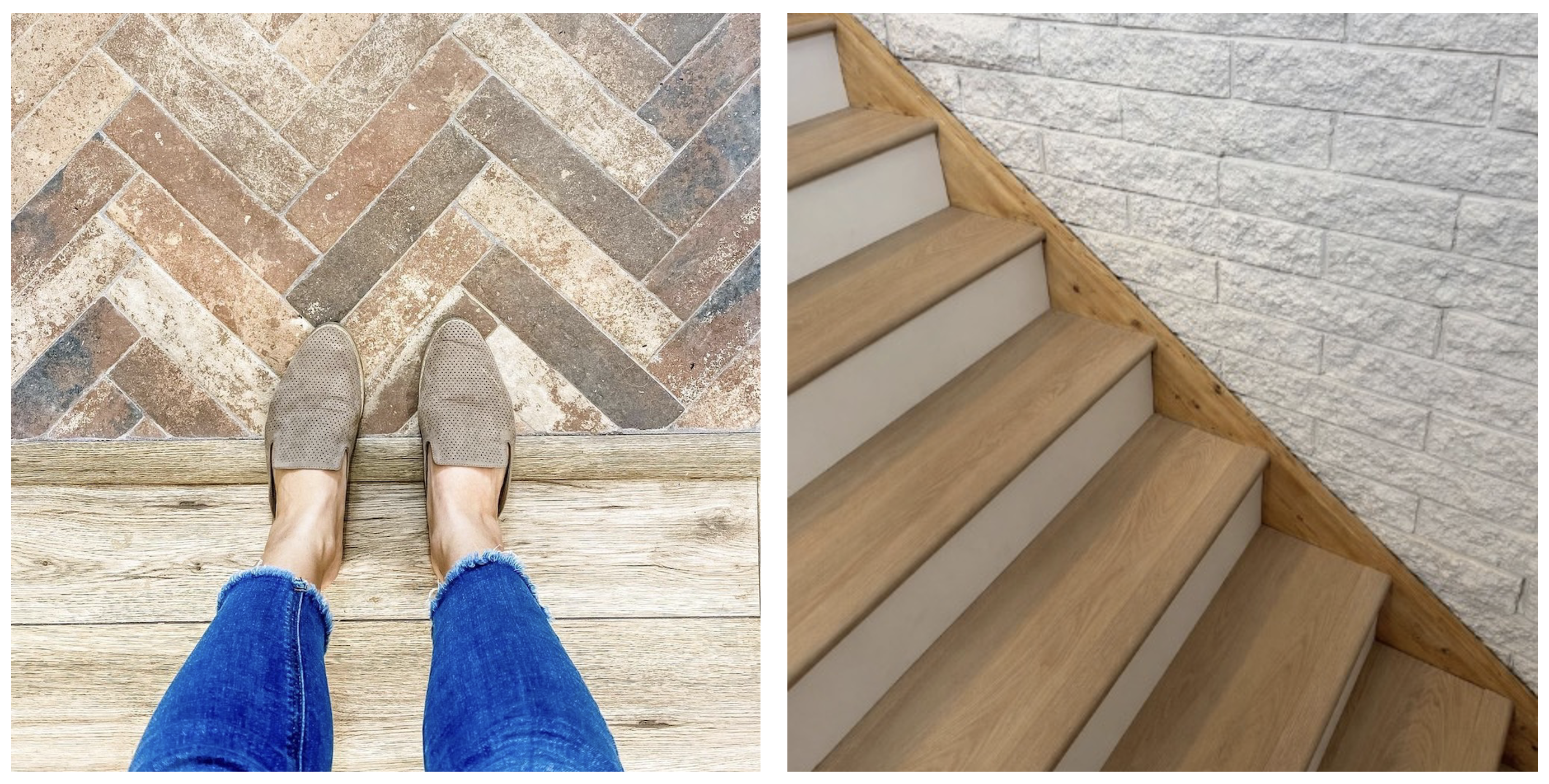 Examples of lvp transition strips connecting tile and luxury vinyl flooring, including matching stair nose transitions.
