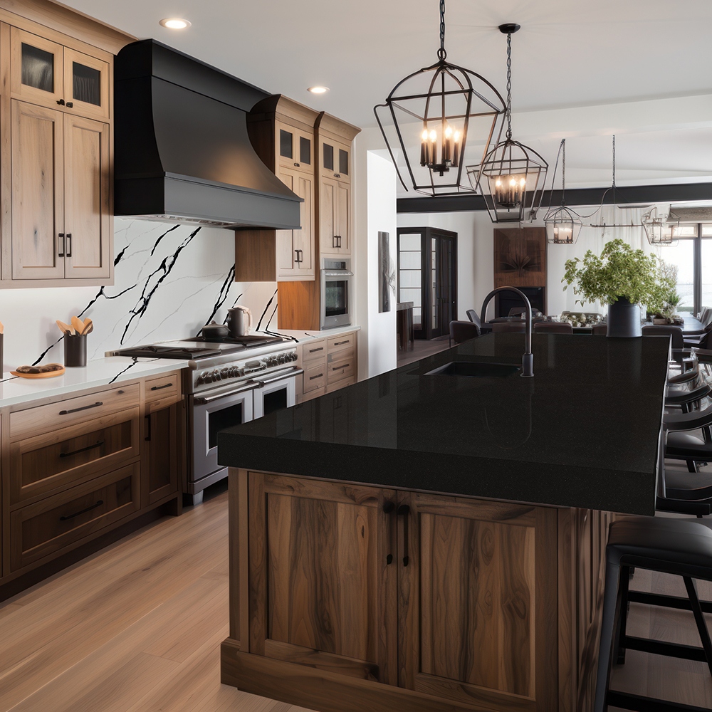 Bold black quartz countertop island in a luxury kitchen, showcasing dramatic quartz countertop color trends for 2026.