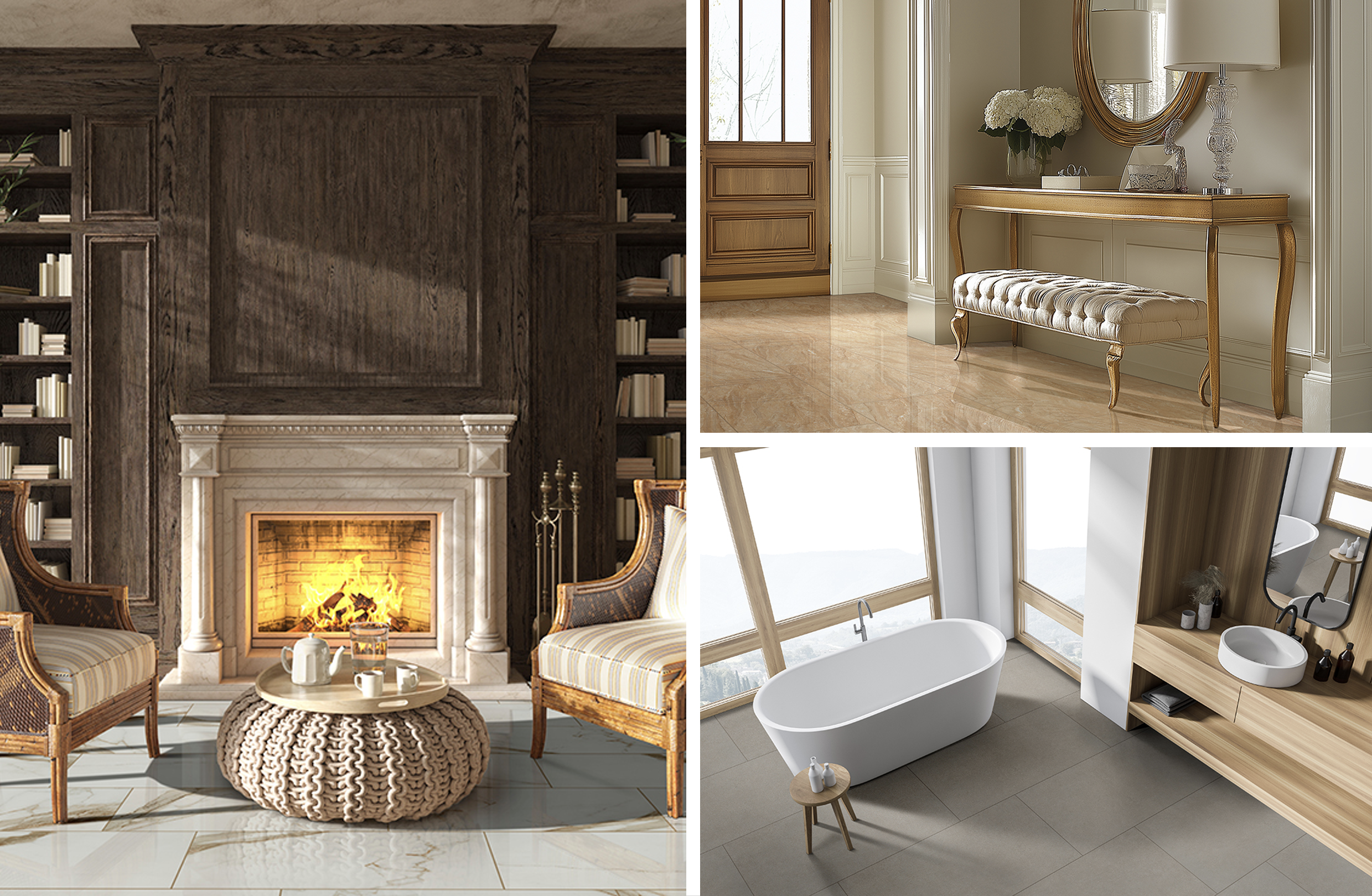 Living room, foyer, and bathroom with polished vs matte porcelain tile, comparing finishes for high-traffic areas.