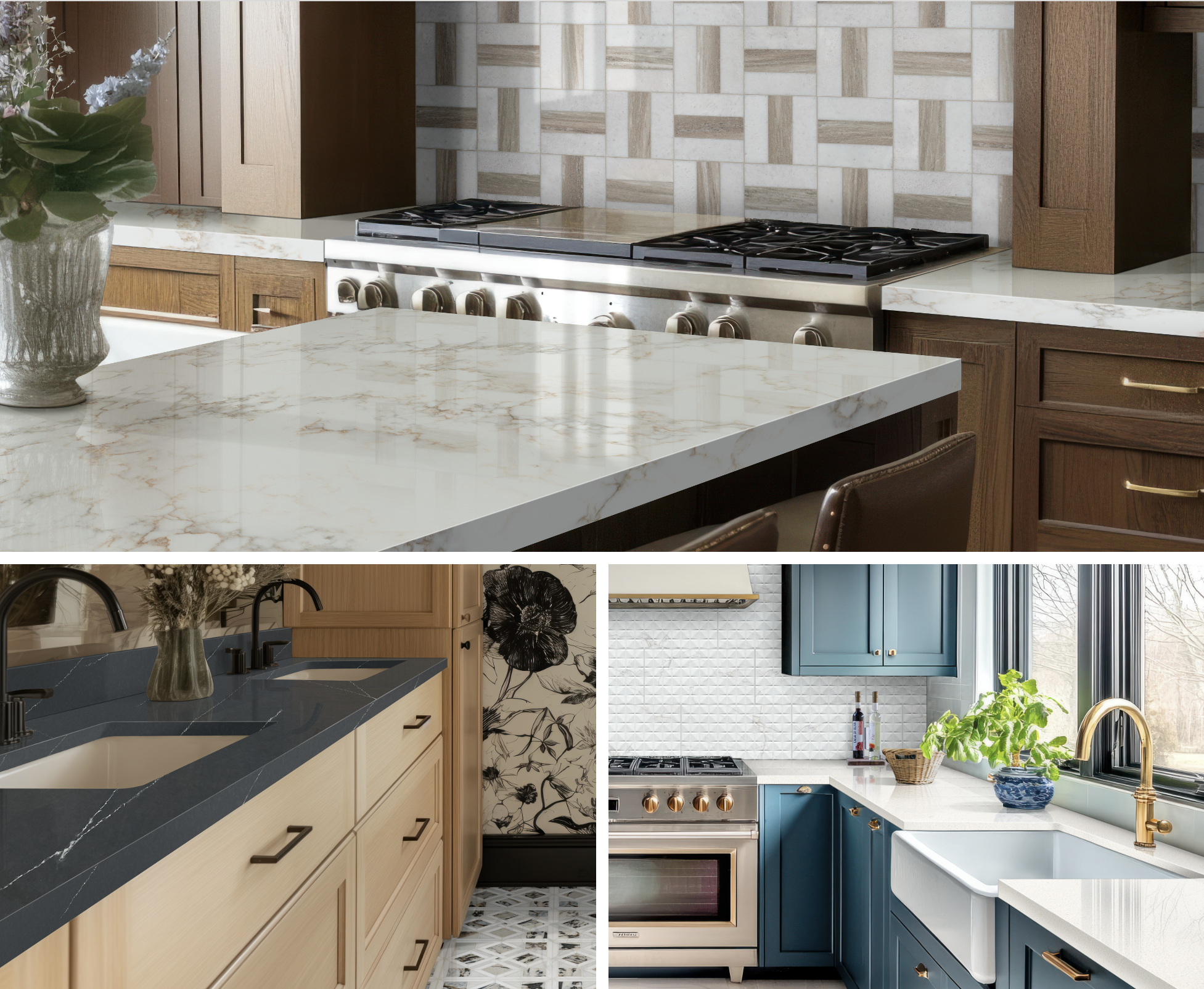 Examples showcasing the pros and cons of quartz countertops with marble looks, solid color and modern quartz countertop designs.