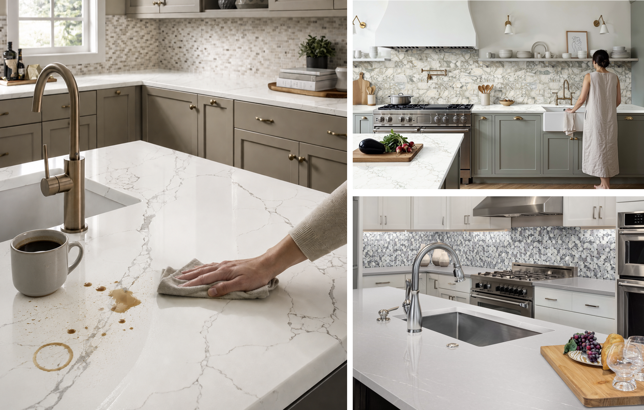 Examples of cleaning quartz countertops, showing stain removal, daily maintenance, and spotless surfaces as part of learning how to remove stains from quartz countertops.