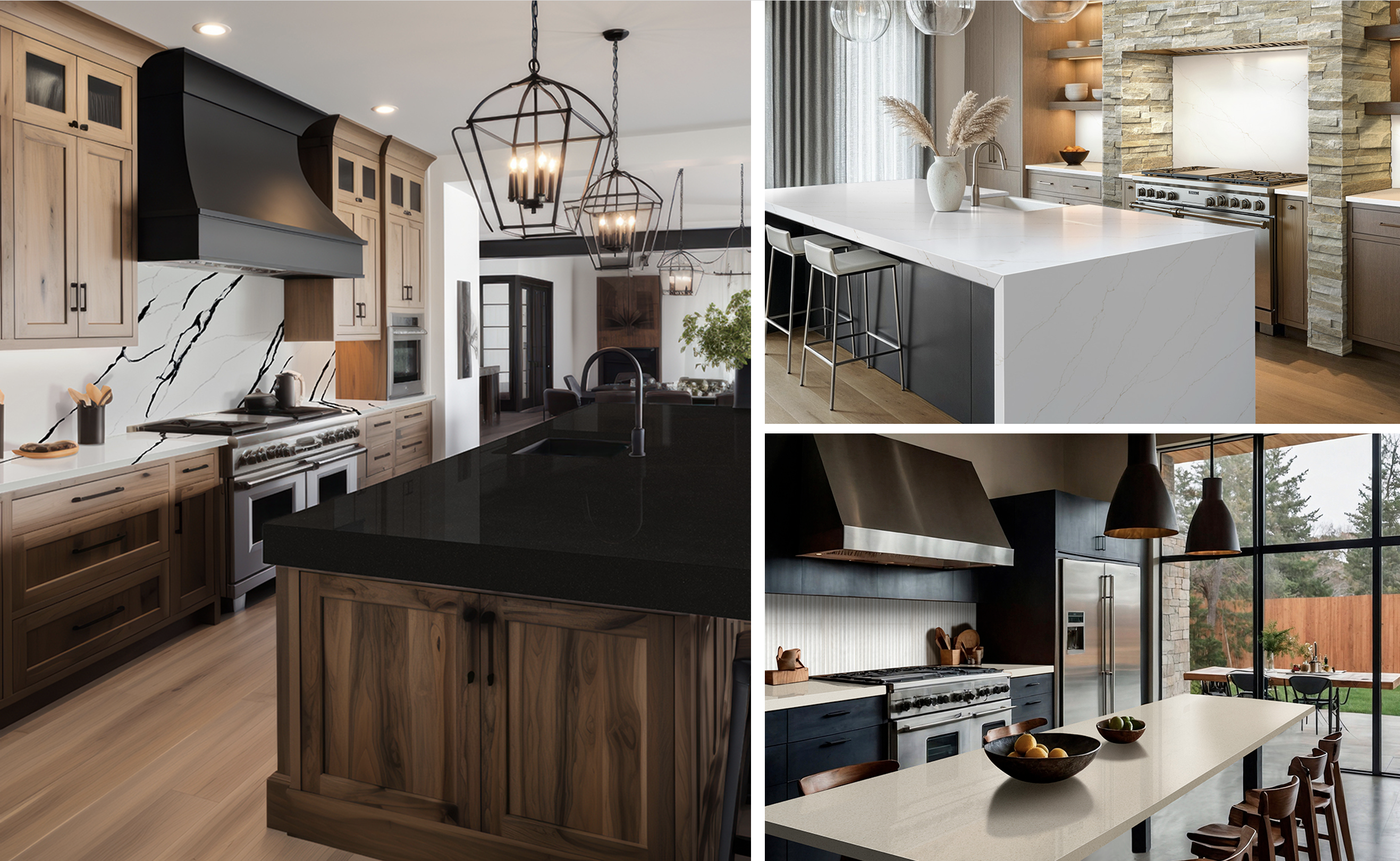 Quartz countertop color trends for 2026 featuring black, white, and warm neutral surfaces in modern kitchen designs.