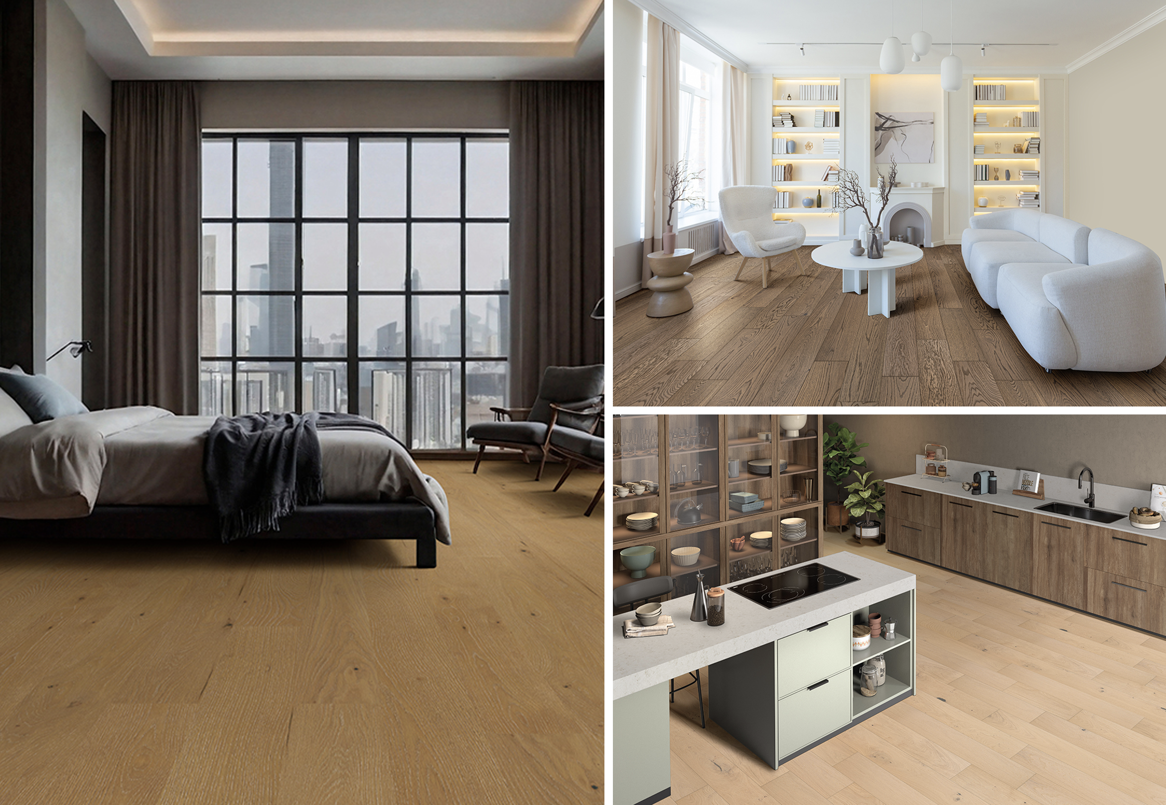 Engineered vs solid hardwood floors are presented in a bedroom, living room and kitchen to demonstrate the long-term performance of the flooring in the home.