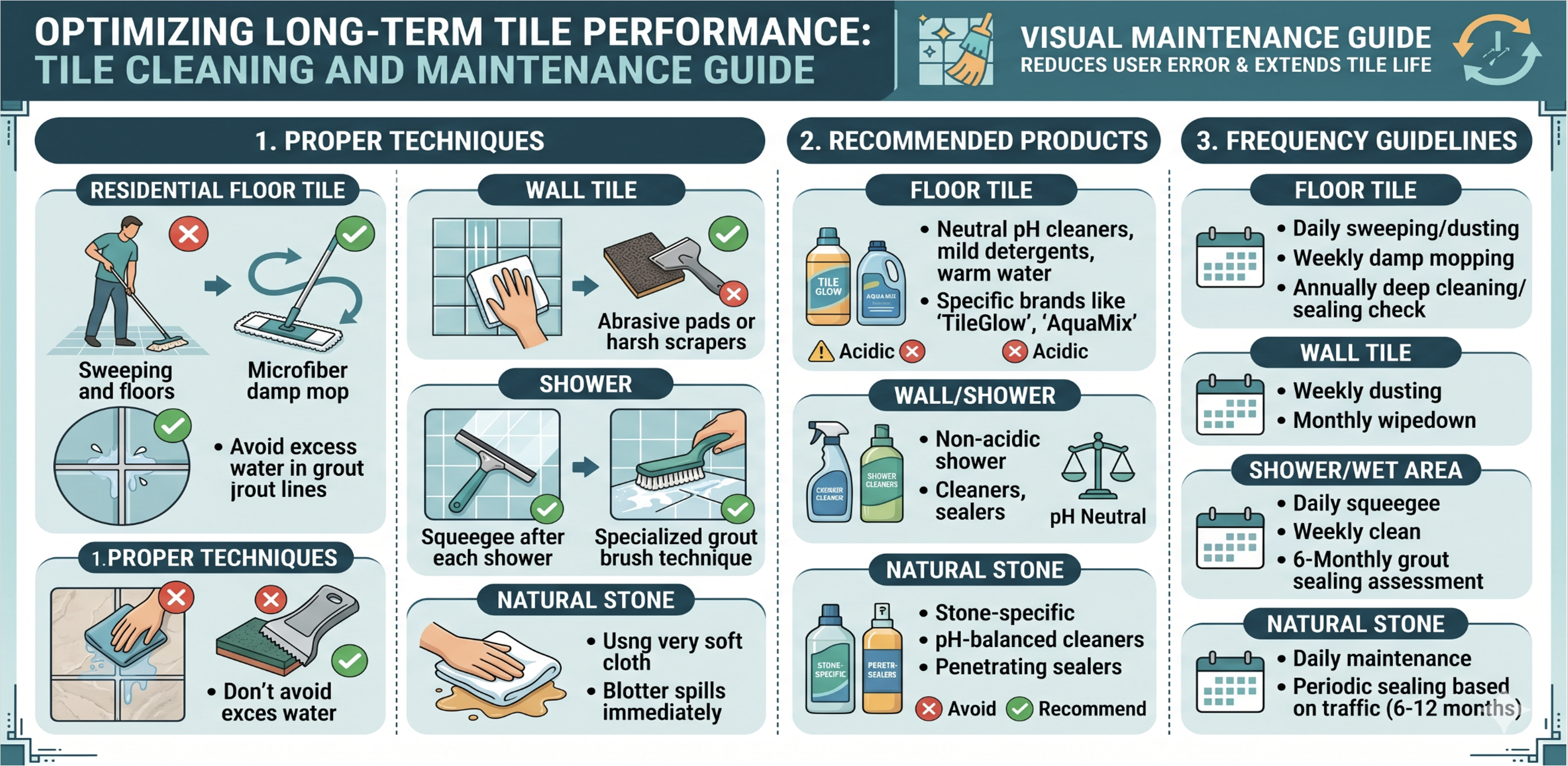 Tile cleaning and maintenance guide explaining best practices for preserving polished vs matte porcelain tile performance.