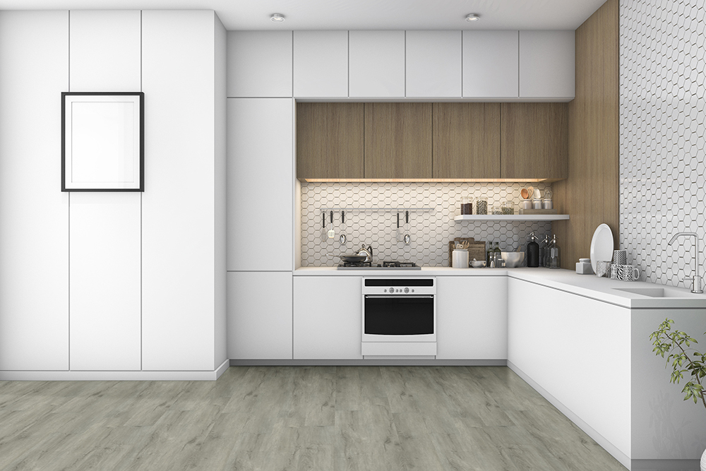 Contemporary living room with gray wood-look vinyl plank flooring, showcasing floating vinyl plank flooring in a residential space.