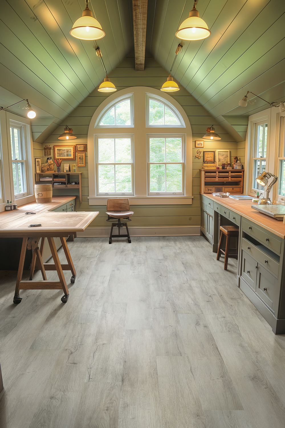 Home office with light gray wood-look vinyl plank flooring, illustrating floating vinyl plank flooring for residential workspaces.
