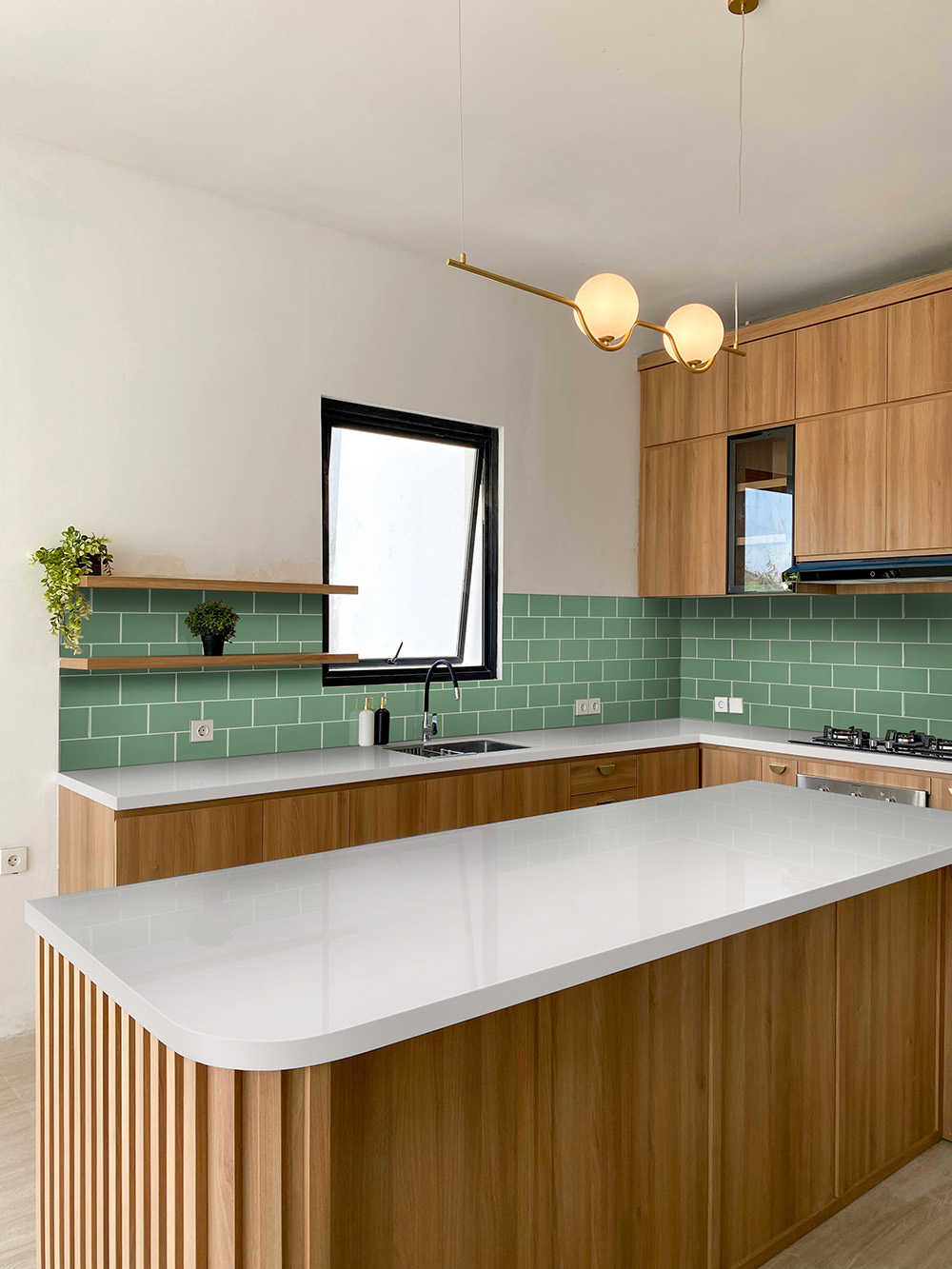 Modern kitchen with white quartz waterfall island highlighting quartz countertop thickness in a minimalist style.
