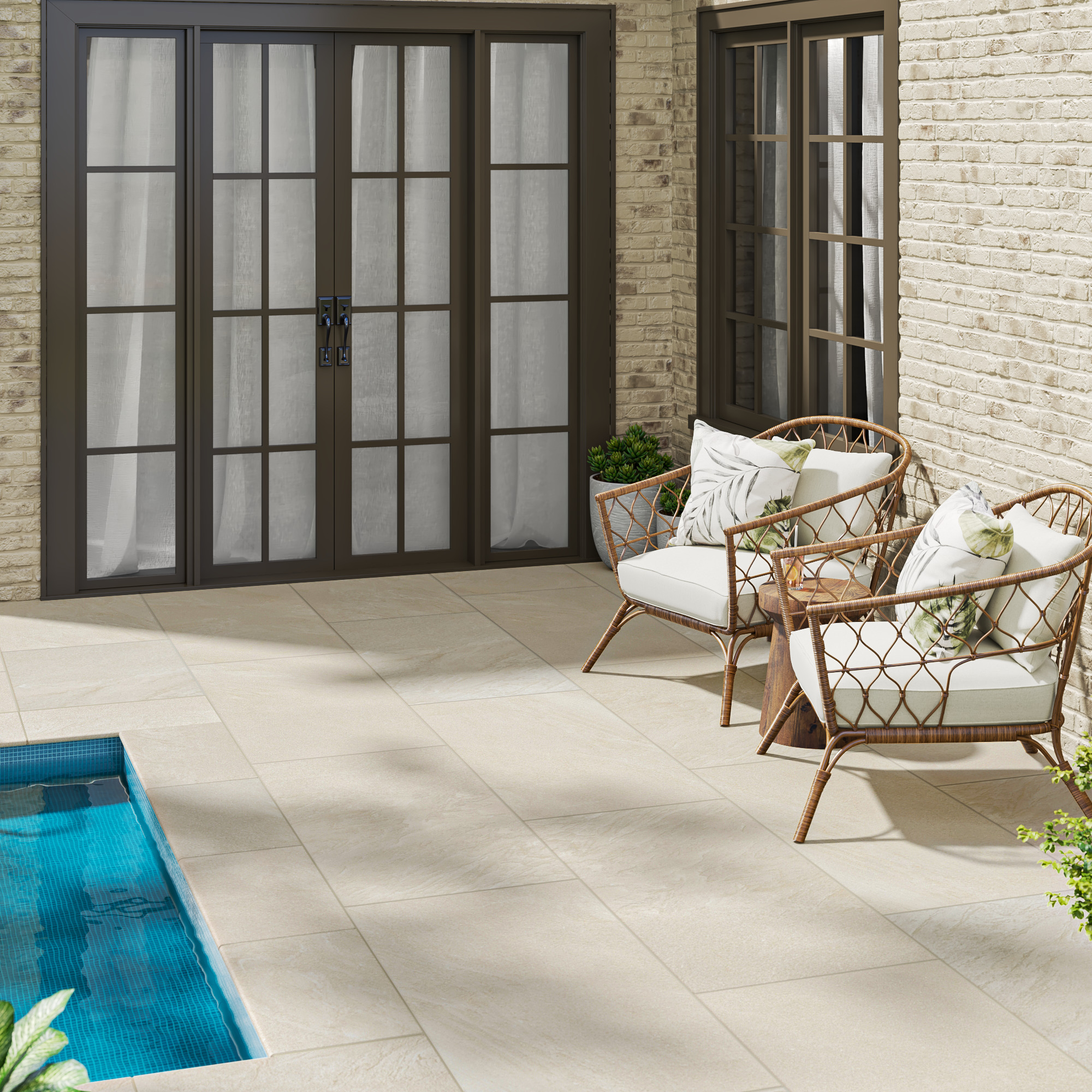 Outdoor porcelain pavers in natural daylight, showing sun impact on the look and answering the question: why does my countertop look different than the photo?