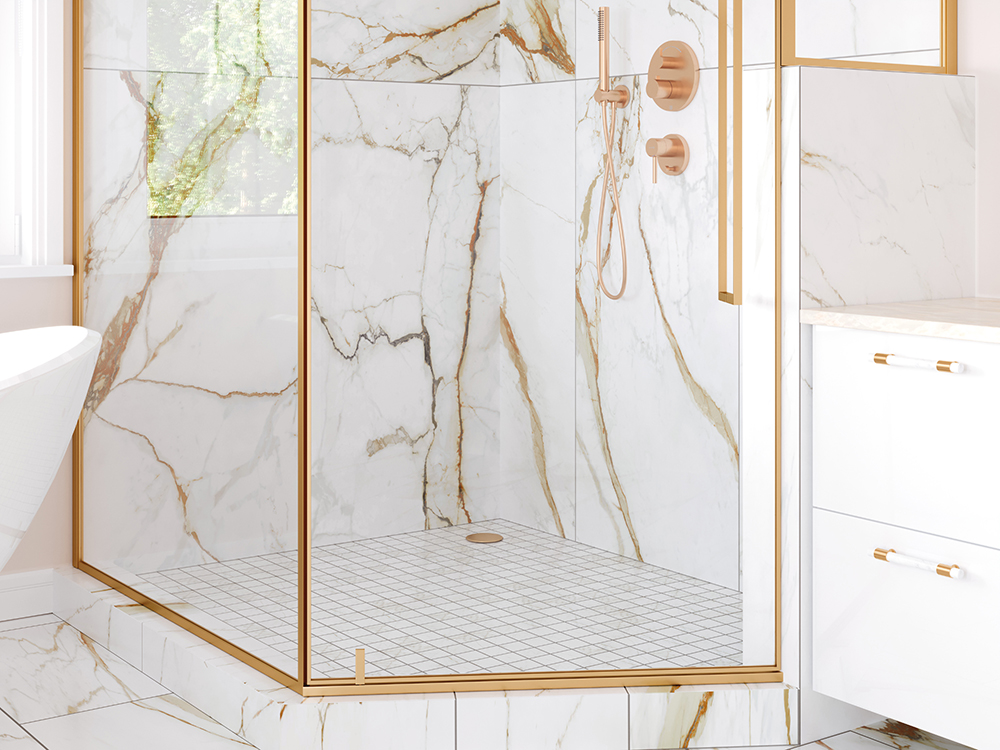 Large format porcelain tile in a walk-in shower with dramatic marble-look veining for a sumptuous appearance.