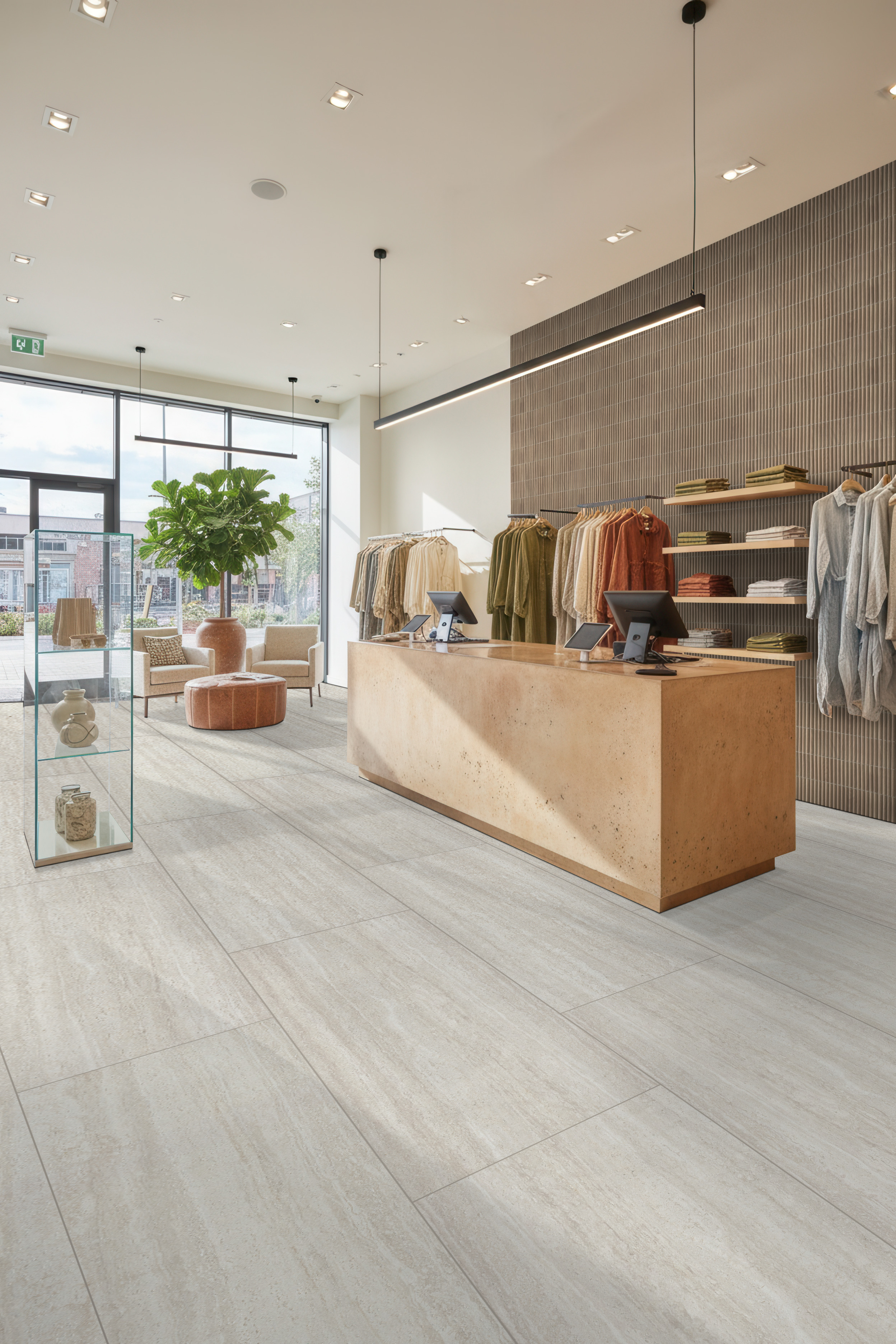Commercial retail space with porcelain tile flooring, highlighting different grades of porcelain tile for everyday heavy traffic.