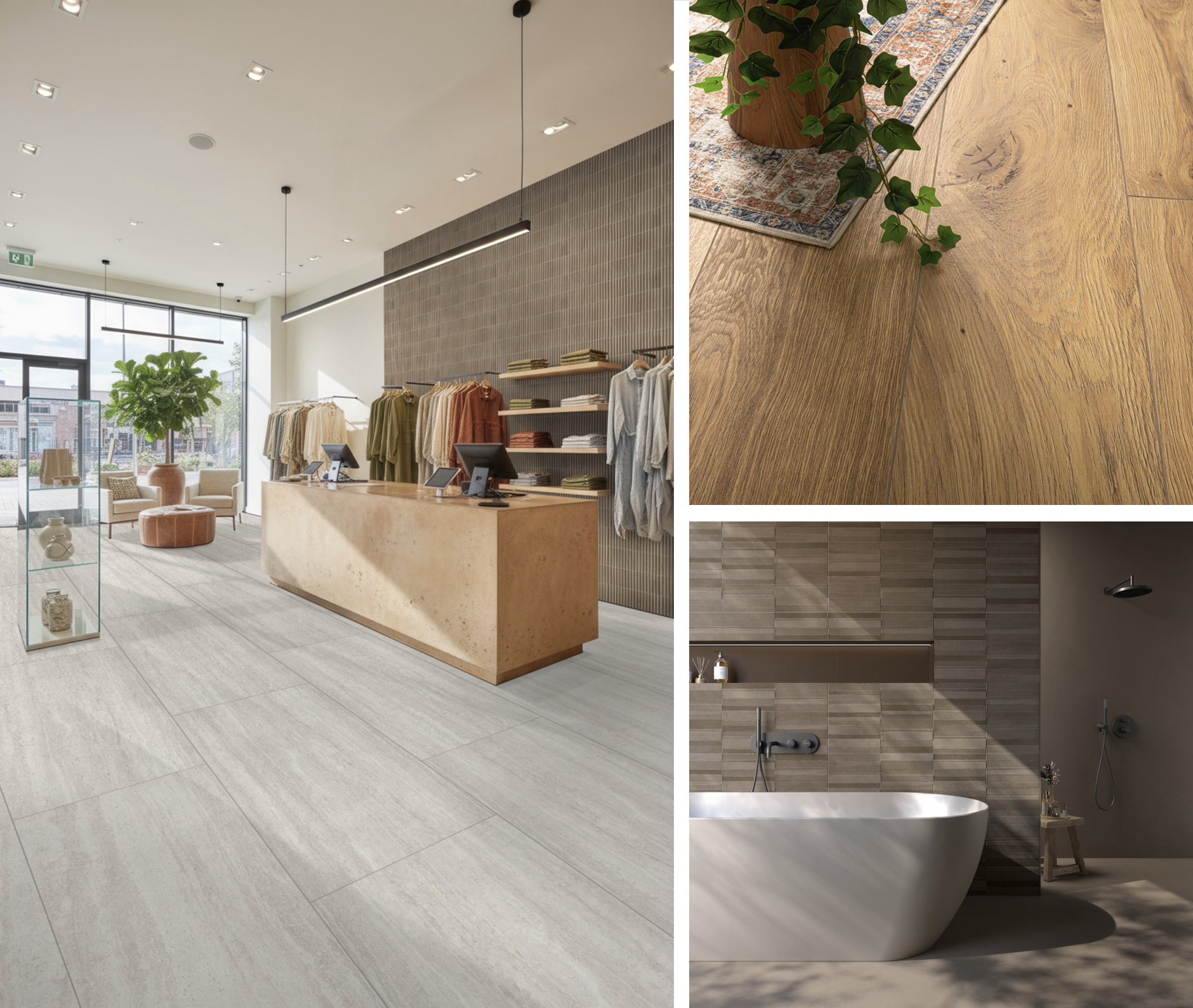 Commercial, residential, bathroom and wood-look flooring applications with different grades of porcelain tiles.