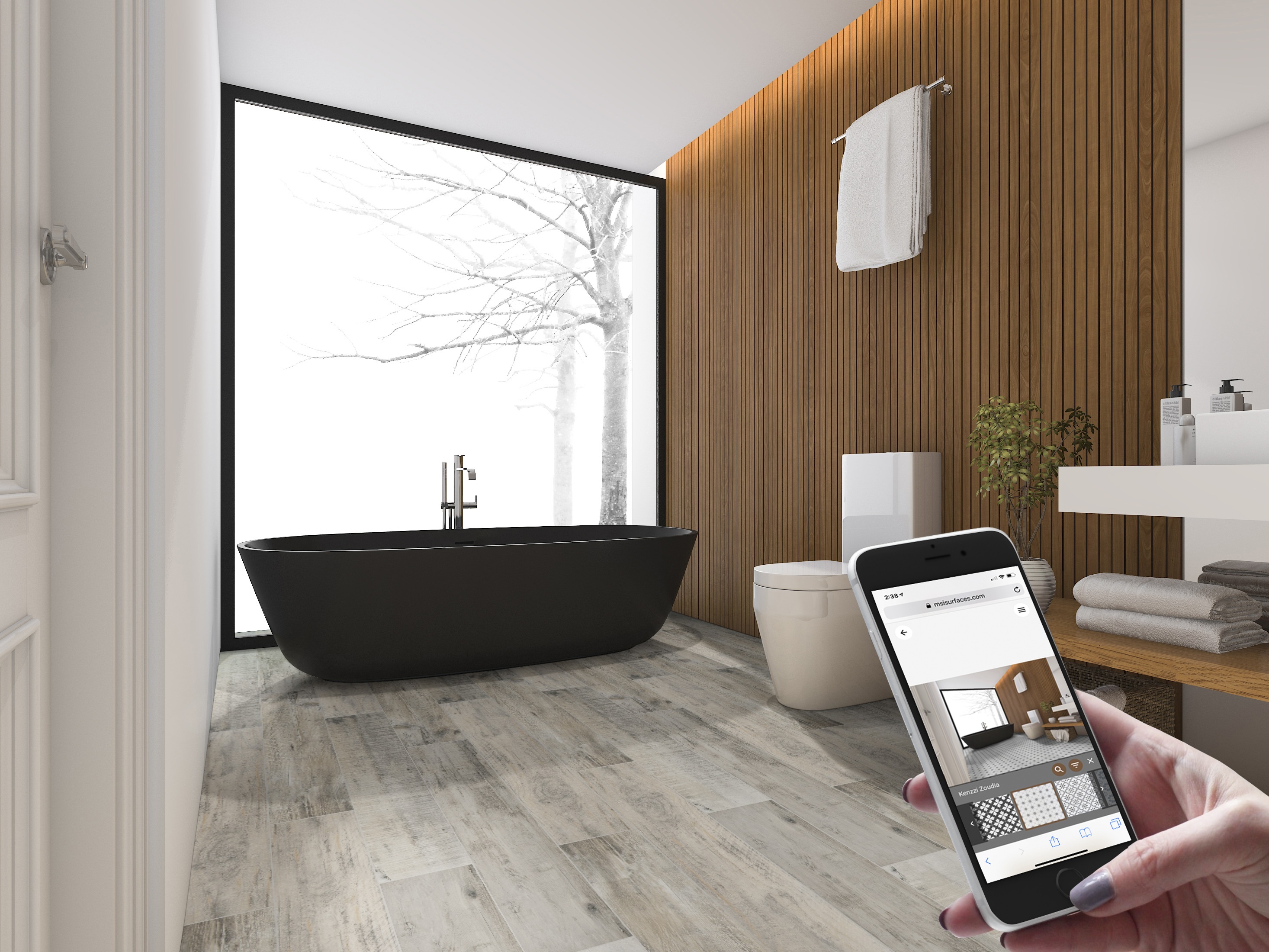 Bathroom visualized on a mobile device, showing how digital images can differ and answering the question, why does my countertop look different than the photo?