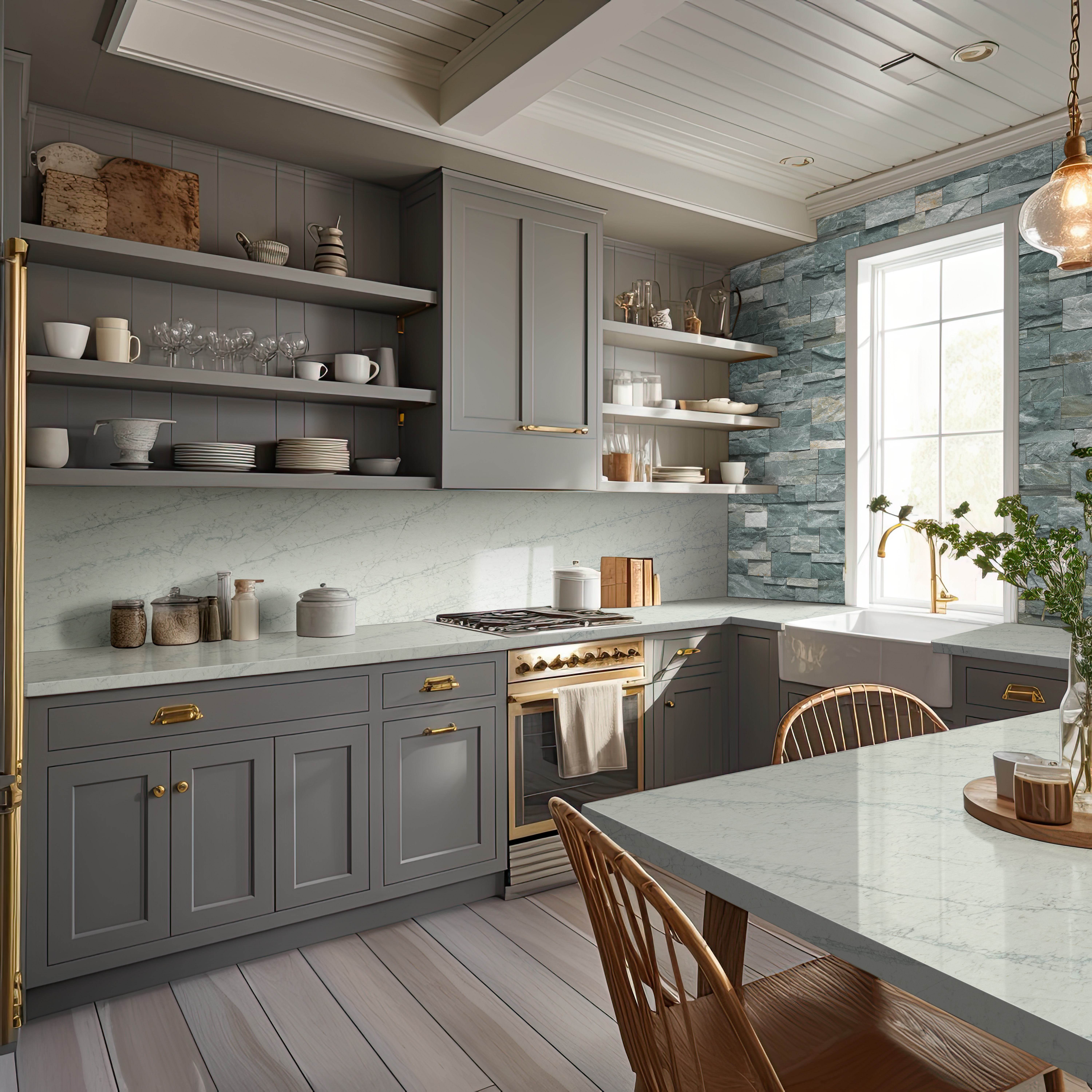 Azurmatt quartz countertops in a contemporary kitchen, illustrating how to protect quartz countertops from heat near cooking areas.