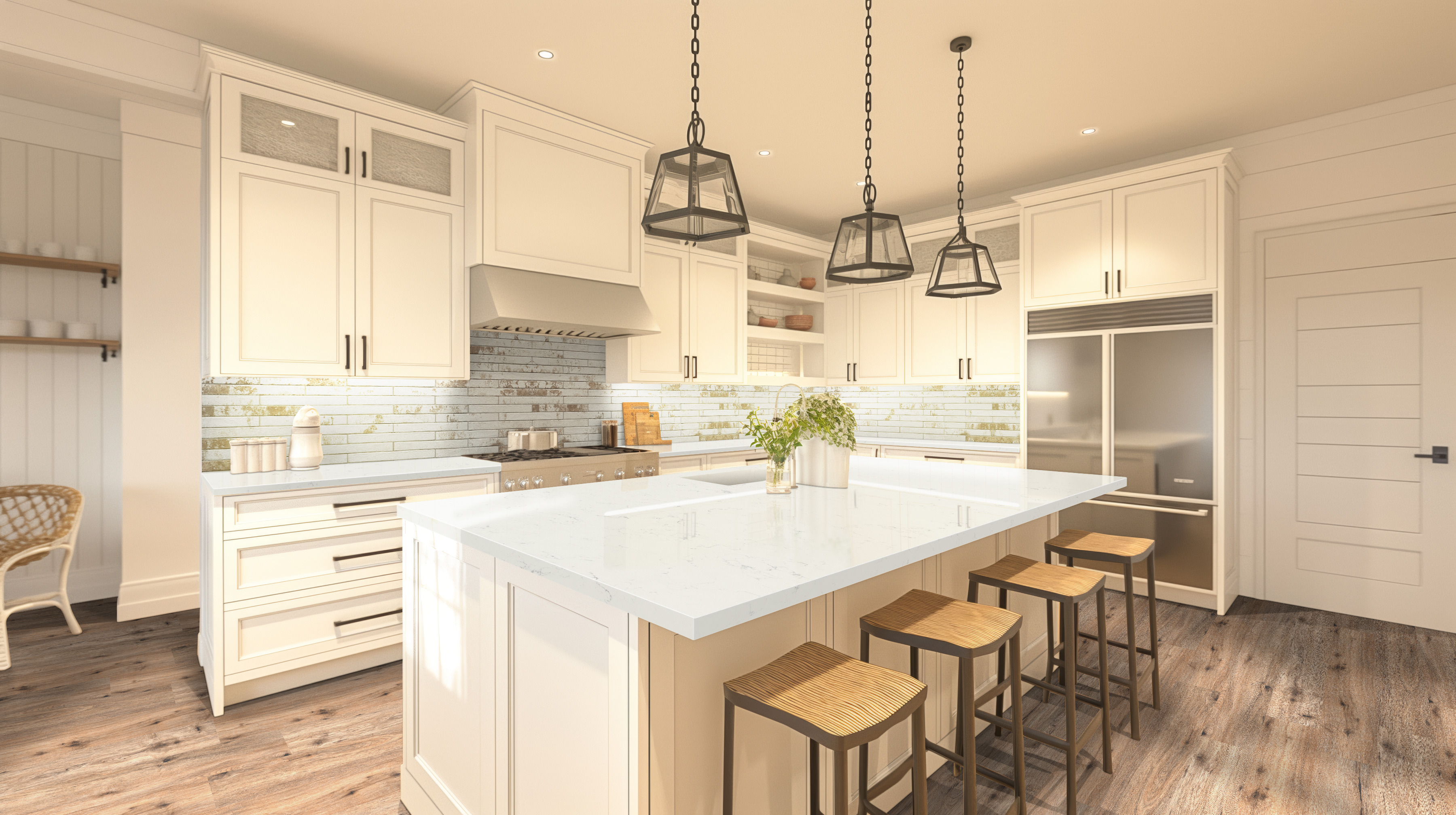 Carrara Morro quartz island demonstrating how to protect quartz countertops from heat by avoiding direct contact with hot cookware.