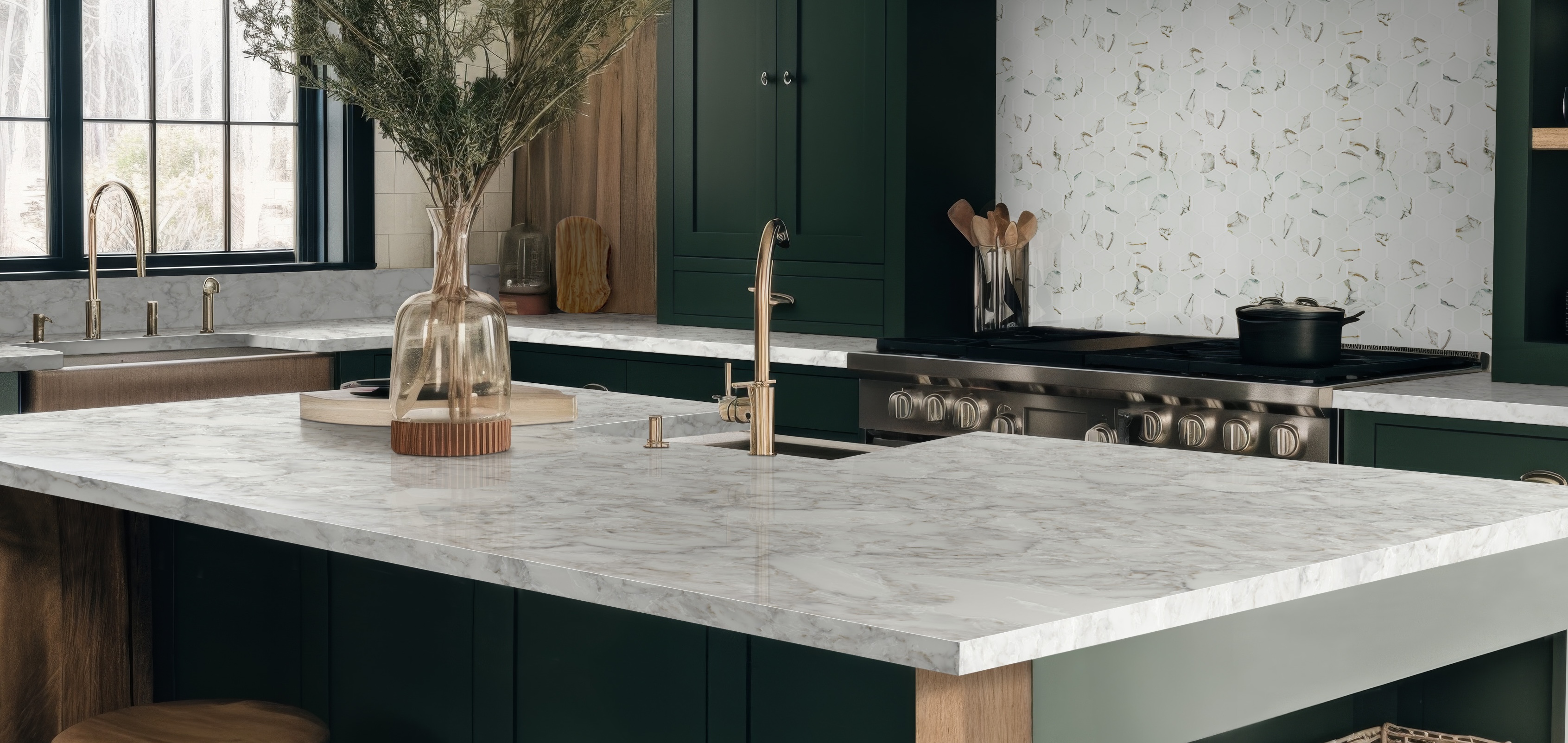 Calacatta Ocellio quartz countertop beside a kitchen sink, highlighting how to protect quartz countertops from heat and everyday wear.