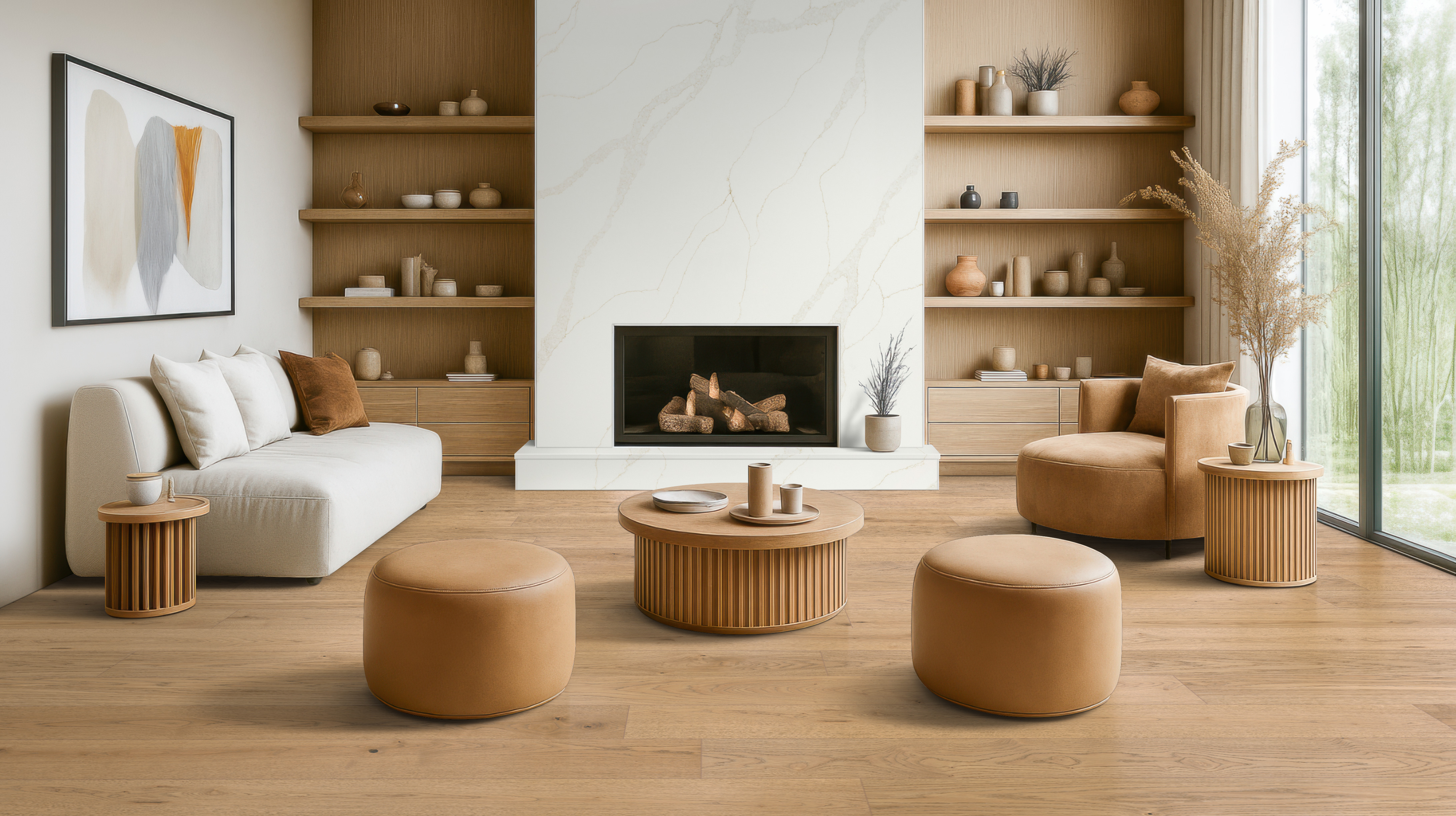 Contemporary fireplace with full-height quartz surround, displaying quartz countertop thickness beyond kitchen counters.
