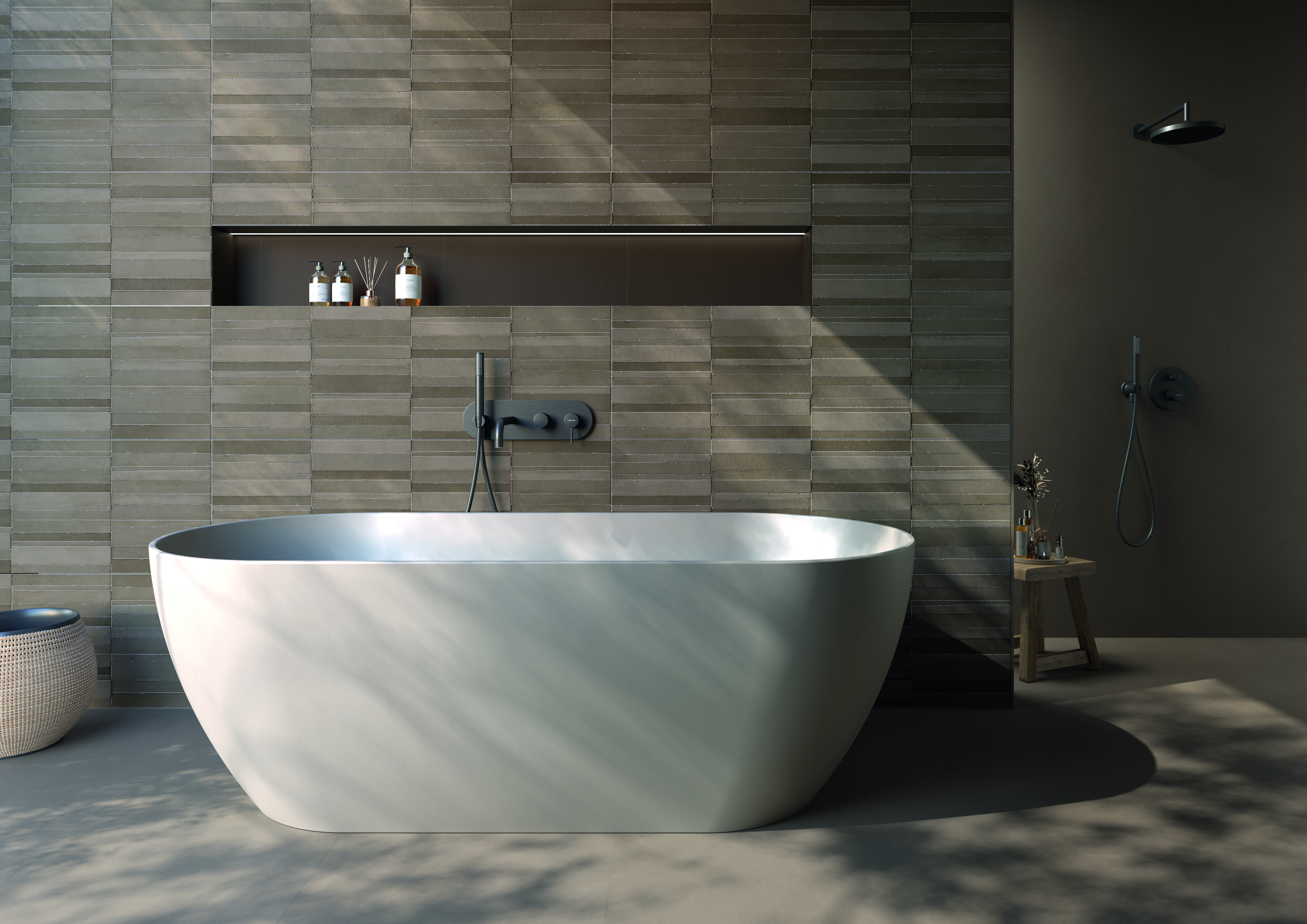 Modern bathroom featuring textured wall tile and a freestanding tub, helping to address the question, why does my countertop look different than the photo?