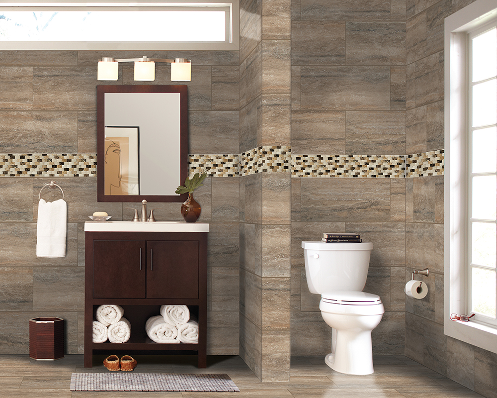 Bathroom with large format porcelain tile on walls and floors for a clean low grout contemporary style.