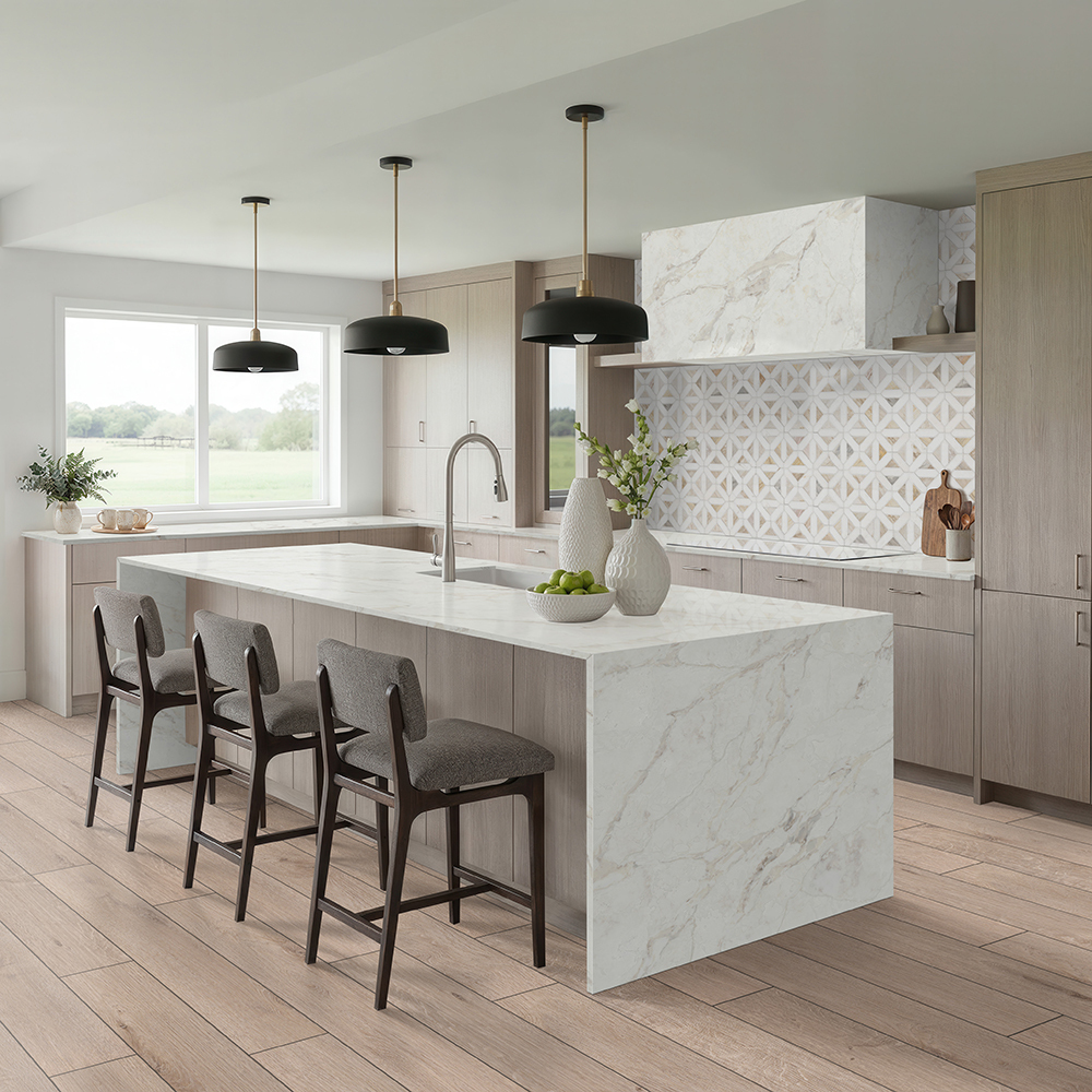 Geometric tile backsplash in a bright modern kitchen, showcasing one of the best kitchen tile backsplash options for a statement wall.