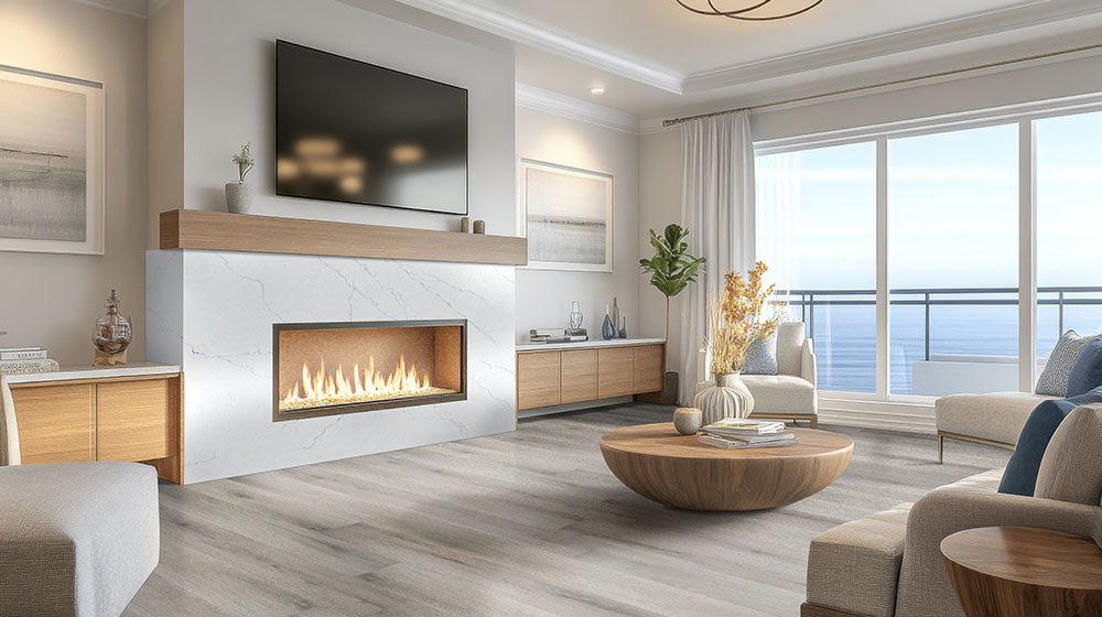 Gray wood-look hybrid rigid core flooring in a bright coastal living room with a modern fireplace.