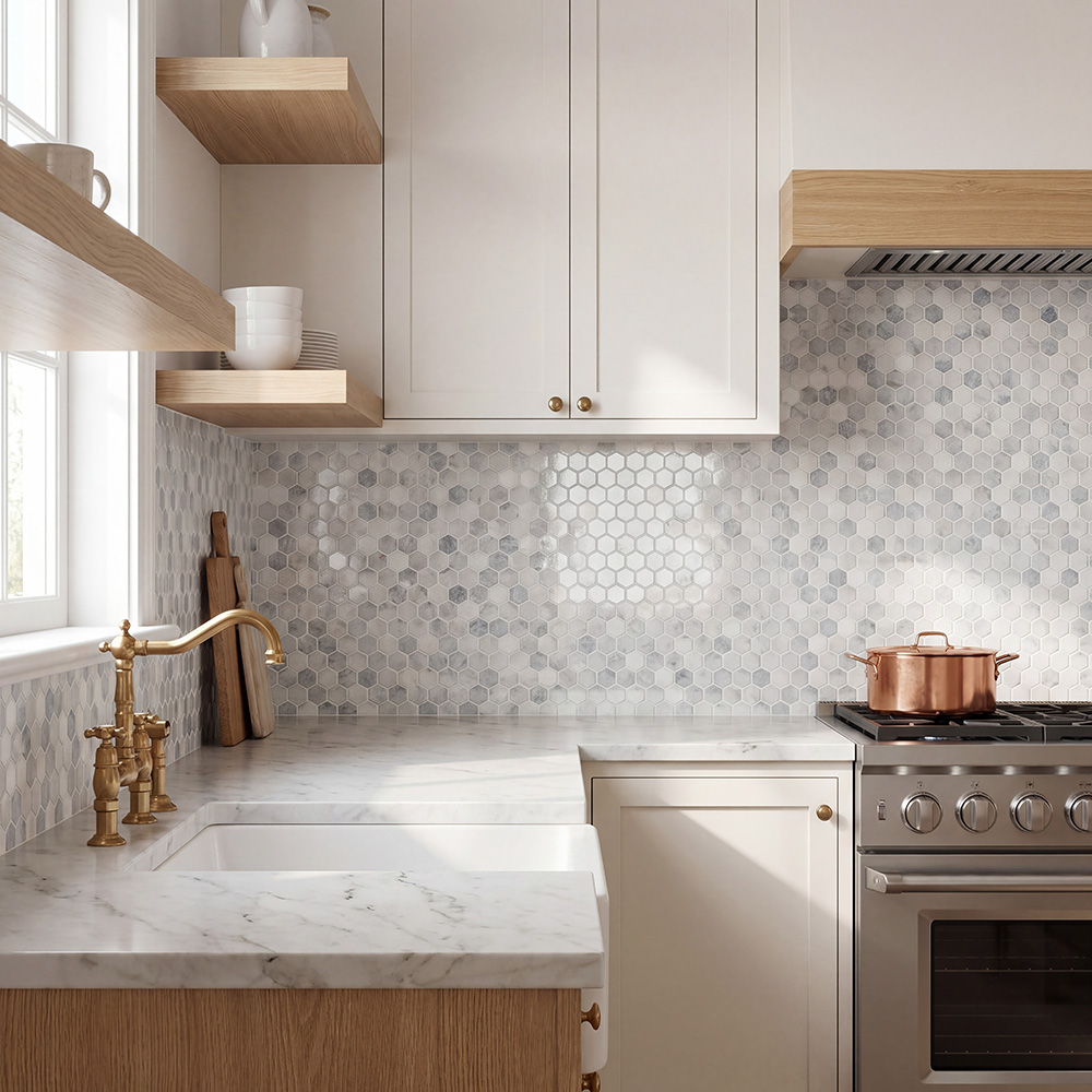 White marble-look kitchen with a hexagon mosaic tile backsplash, highlighting small-format tile for accent walls.