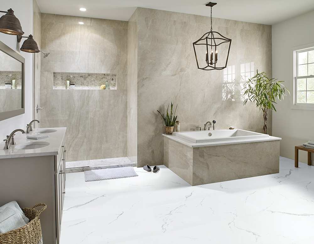 Spa bathroom with large-format stone look tiles – luxury flooring trends 2026.