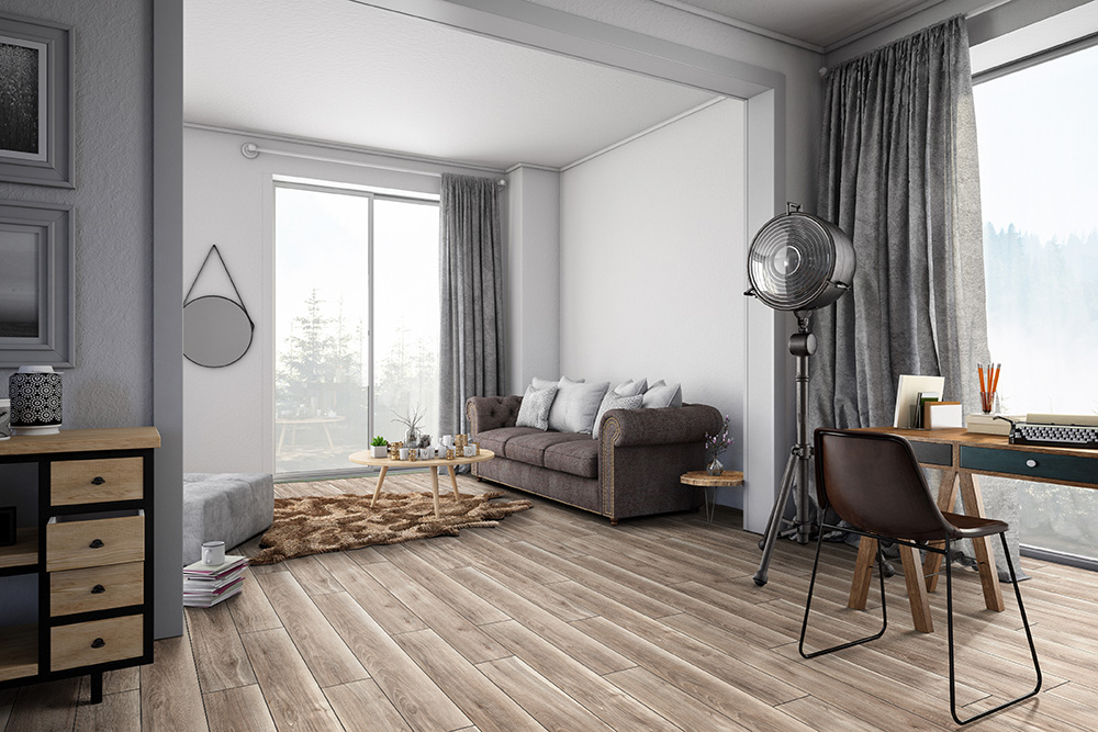 Living room with warm wood-look flooring, highlighting natural tones in flooring trends 2026.