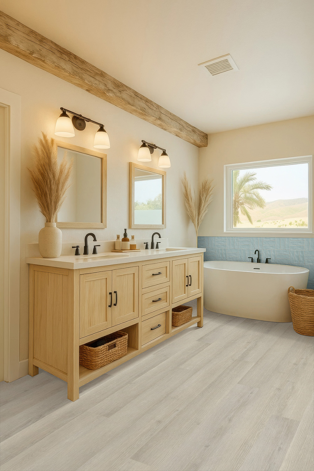One of the top flooring trends 2026, coastal-inspired bathroom with light wood-look flooring.
