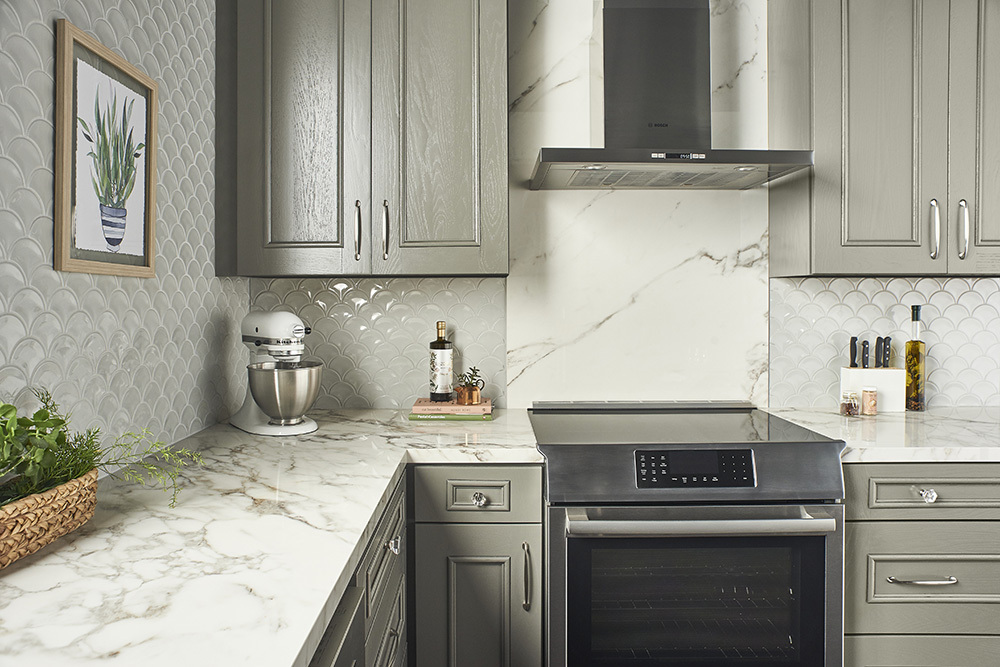 Porcelain slab kitchen countertops and porcelain slab backsplash showcasing porcelain slab thickness for interior uses.