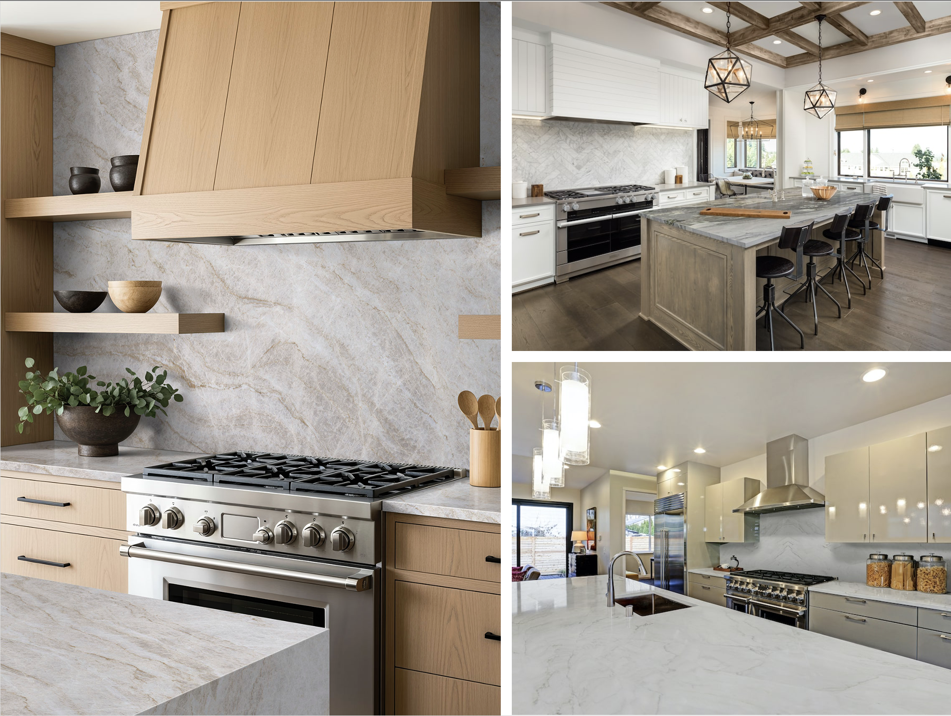 Marble vs quartzite vs granite countertops shown in three kitchen designs, highlighting the natural variation of each stone.