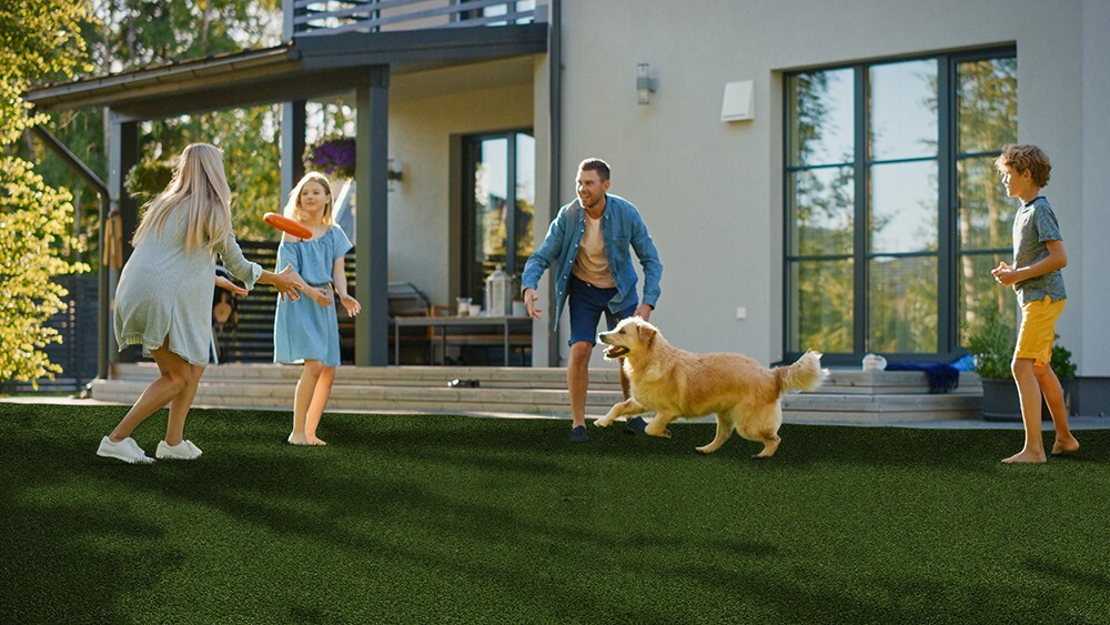 A family and their dog playing on commercial artificial turf, demonstrating a durable surface for high-traffic recreational spaces.