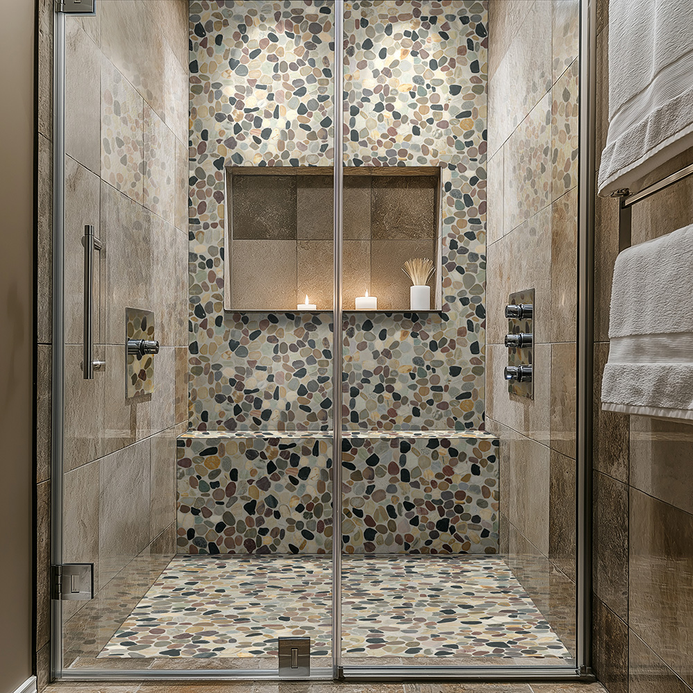Walk-in shower featuring pebble mosaic tile walls, bench, and floor for enhanced texture and slip resistance.