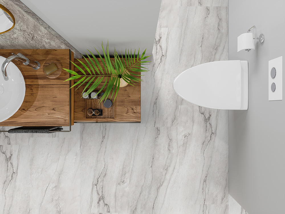Top view of wood look flooring. Realistic textures of flooring trends 2026. Bathroom.
