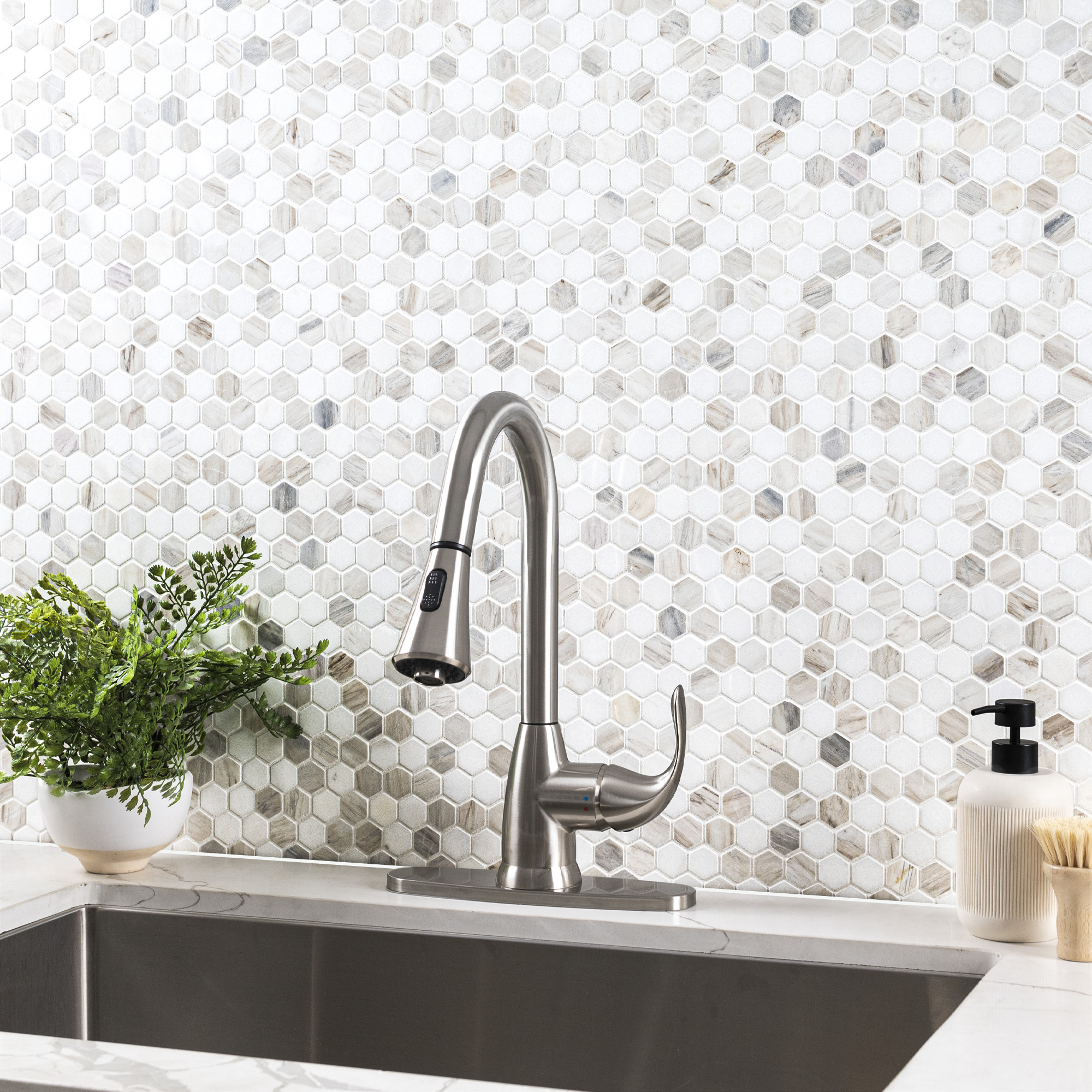 What is mosaic tile in a modern kitchen with a white hexagon mosaic tile kitchen backsplash