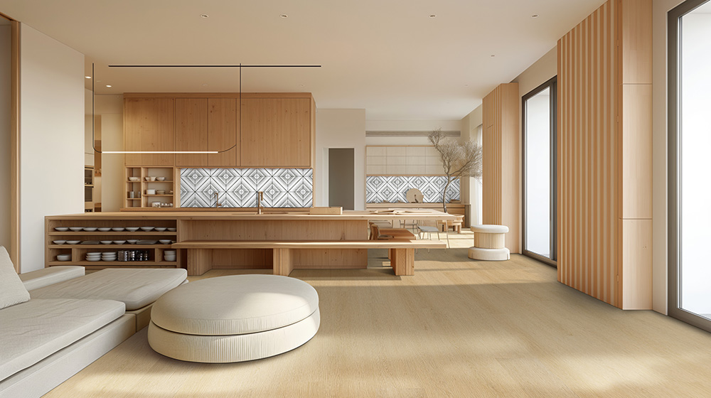 Open concept living space with light wood look flooring, reflecting minimalist flooring trends 2026.