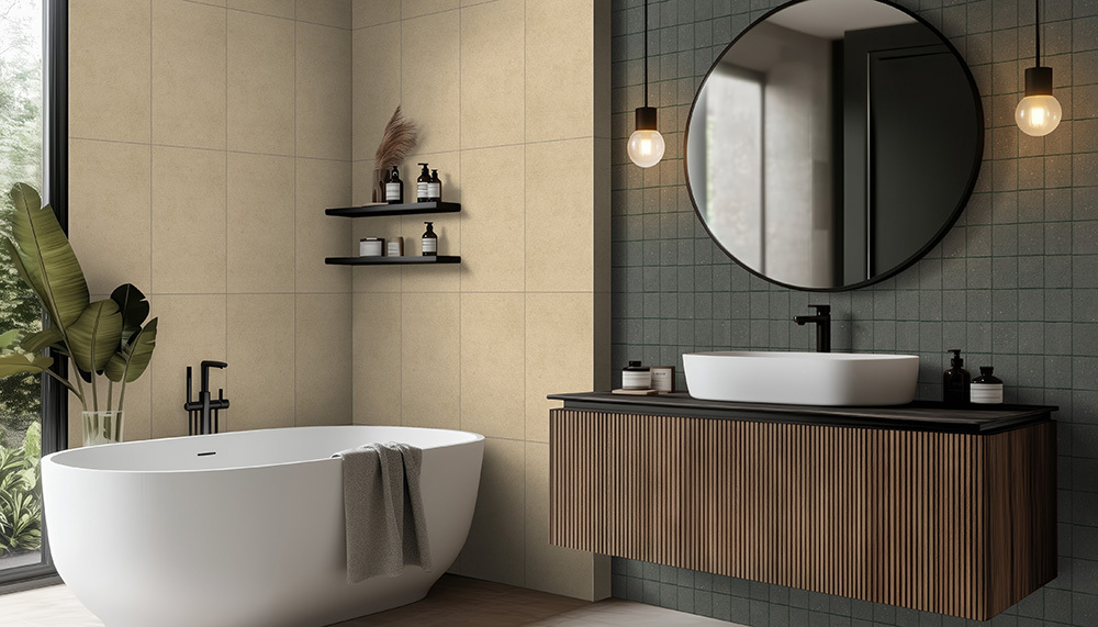Modern bathroom with large-format porcelain tile flooring, demonstrating the best porcelain tile for bathroom floor durability.