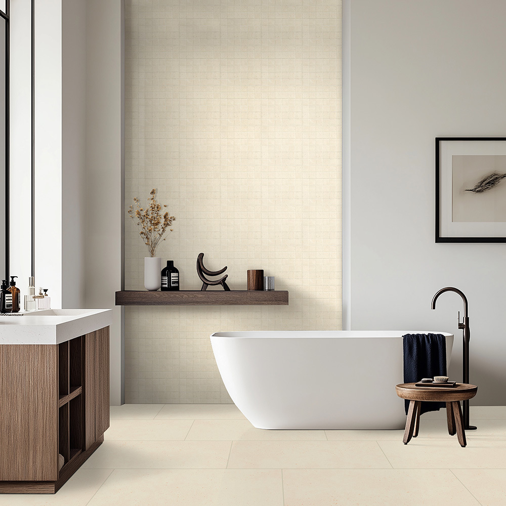 Minimalist bathroom featuring light porcelain tile flooring, designed for long-term moisture resistance and easy maintenance.
