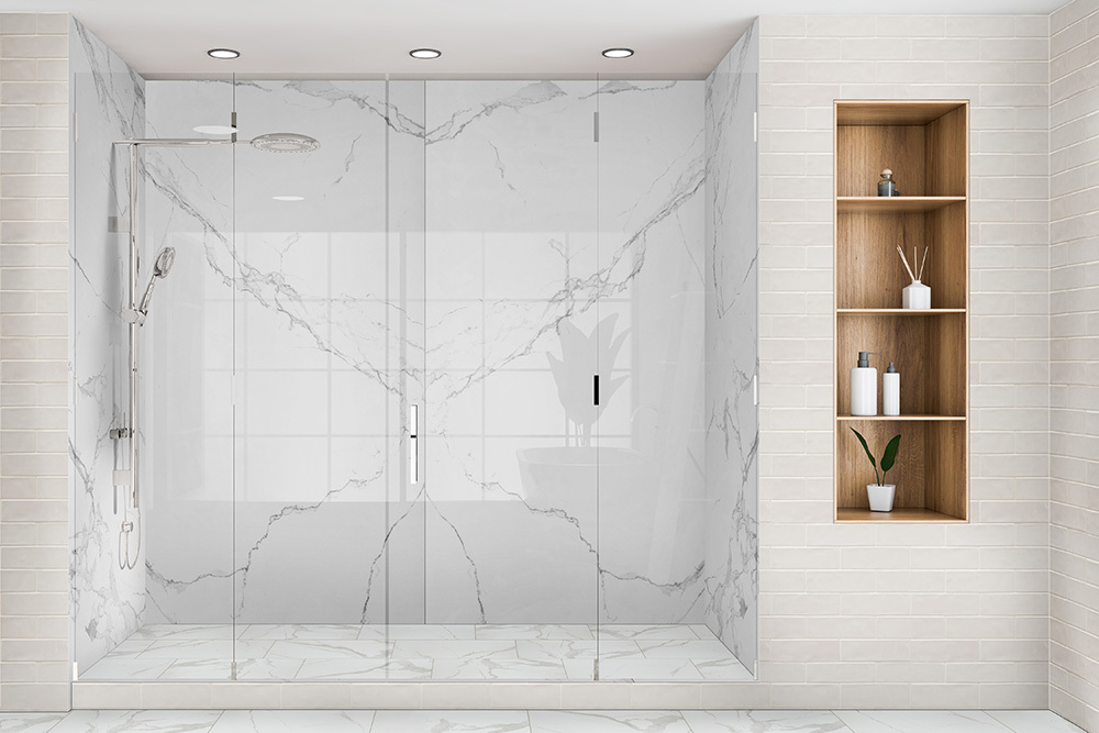 Walk-in shower with marble-look porcelain tile walls and floor, illustrating porcelain tile for wet-area performance.